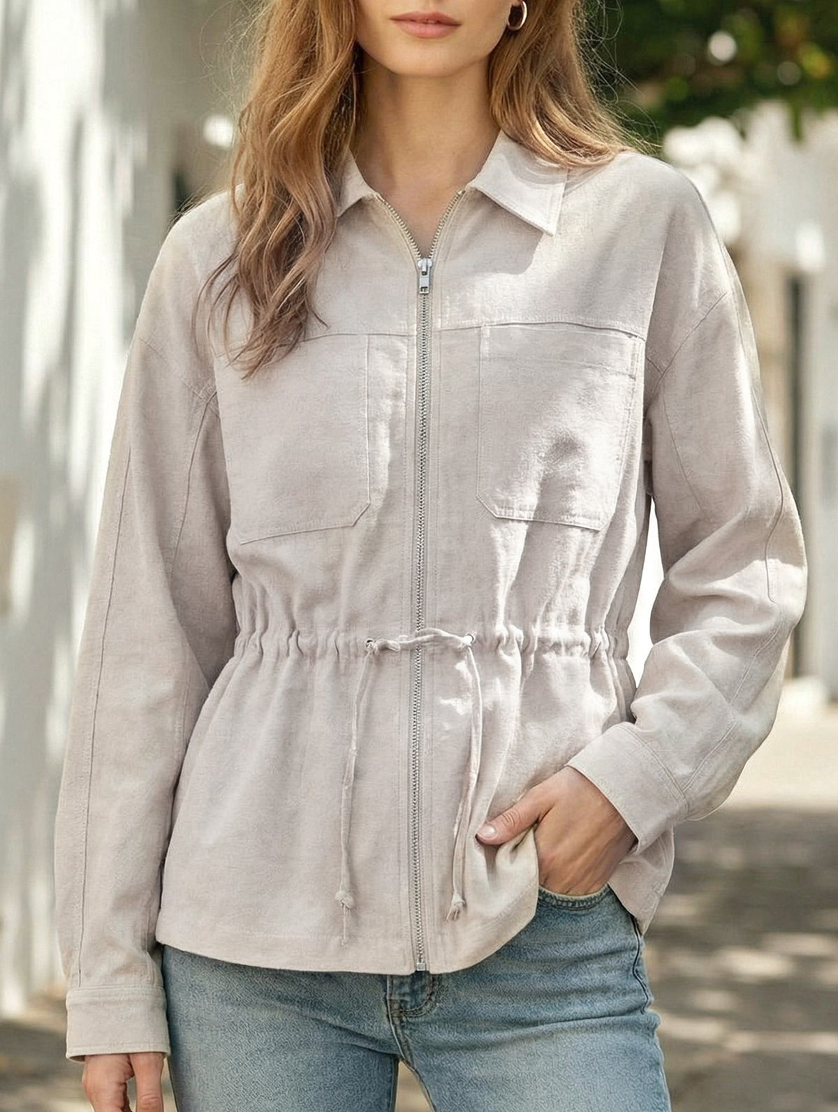Tencel Linen Waist Drawstring Utility Jacket_CWTBLL02355
