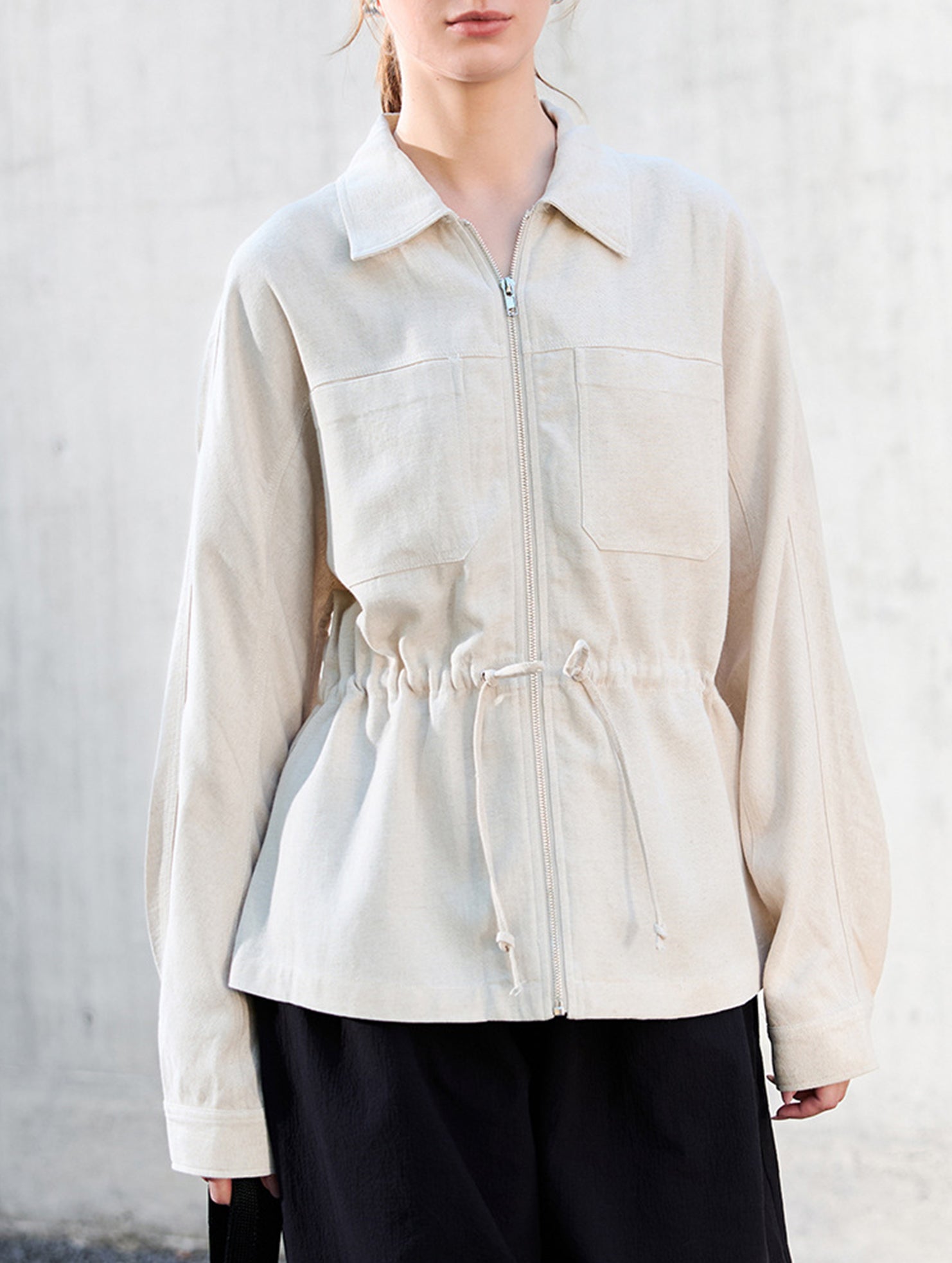 Tencel Linen Waist Drawstring Utility Jacket_CWTBLL02355