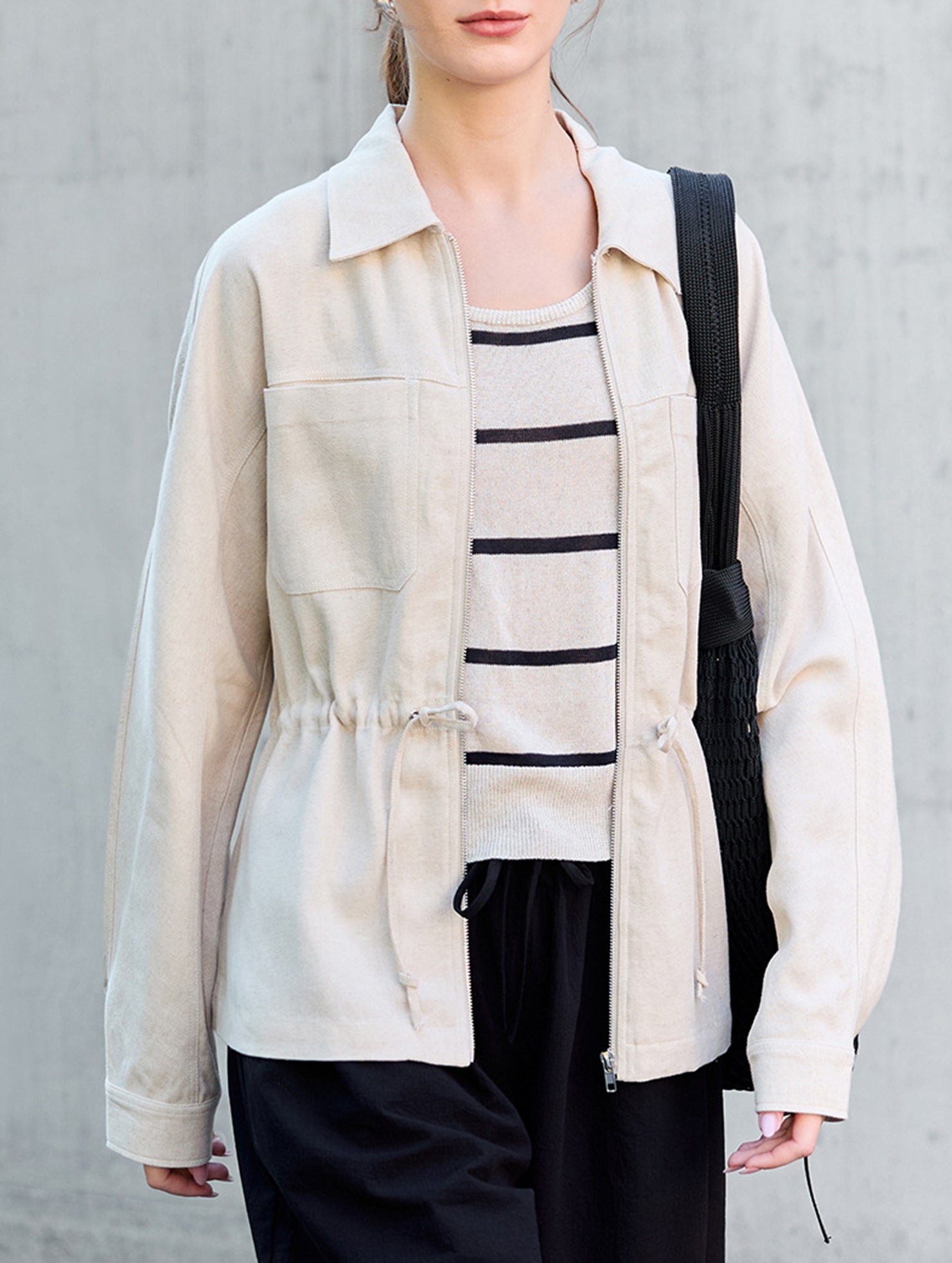 Tencel Linen Waist Drawstring Utility Jacket_CWTBLL02355