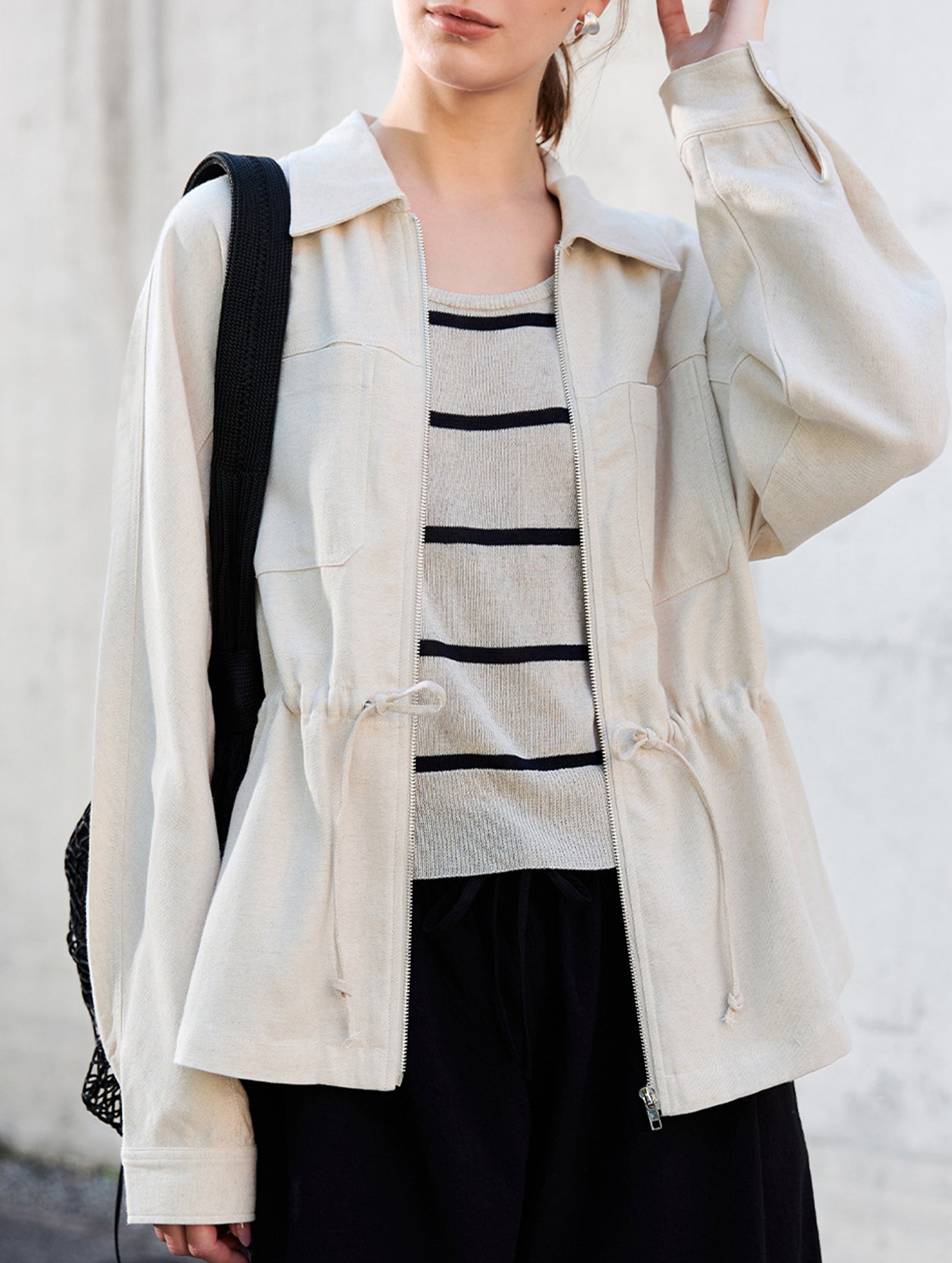 Tencel Linen Waist Drawstring Utility Jacket_CWTBLL02355