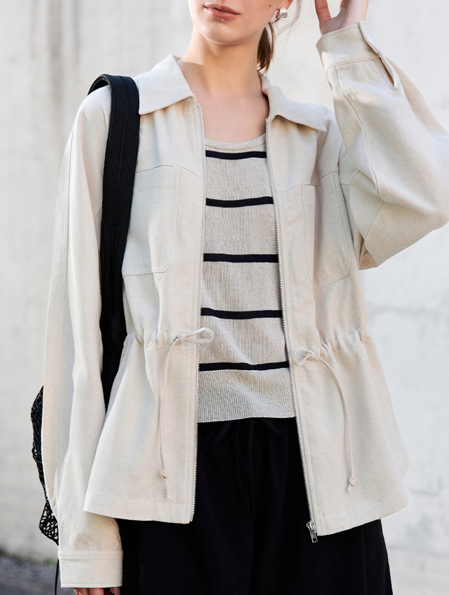 Tencel Linen Waist Drawstring Utility Jacket_CWTBLL02355