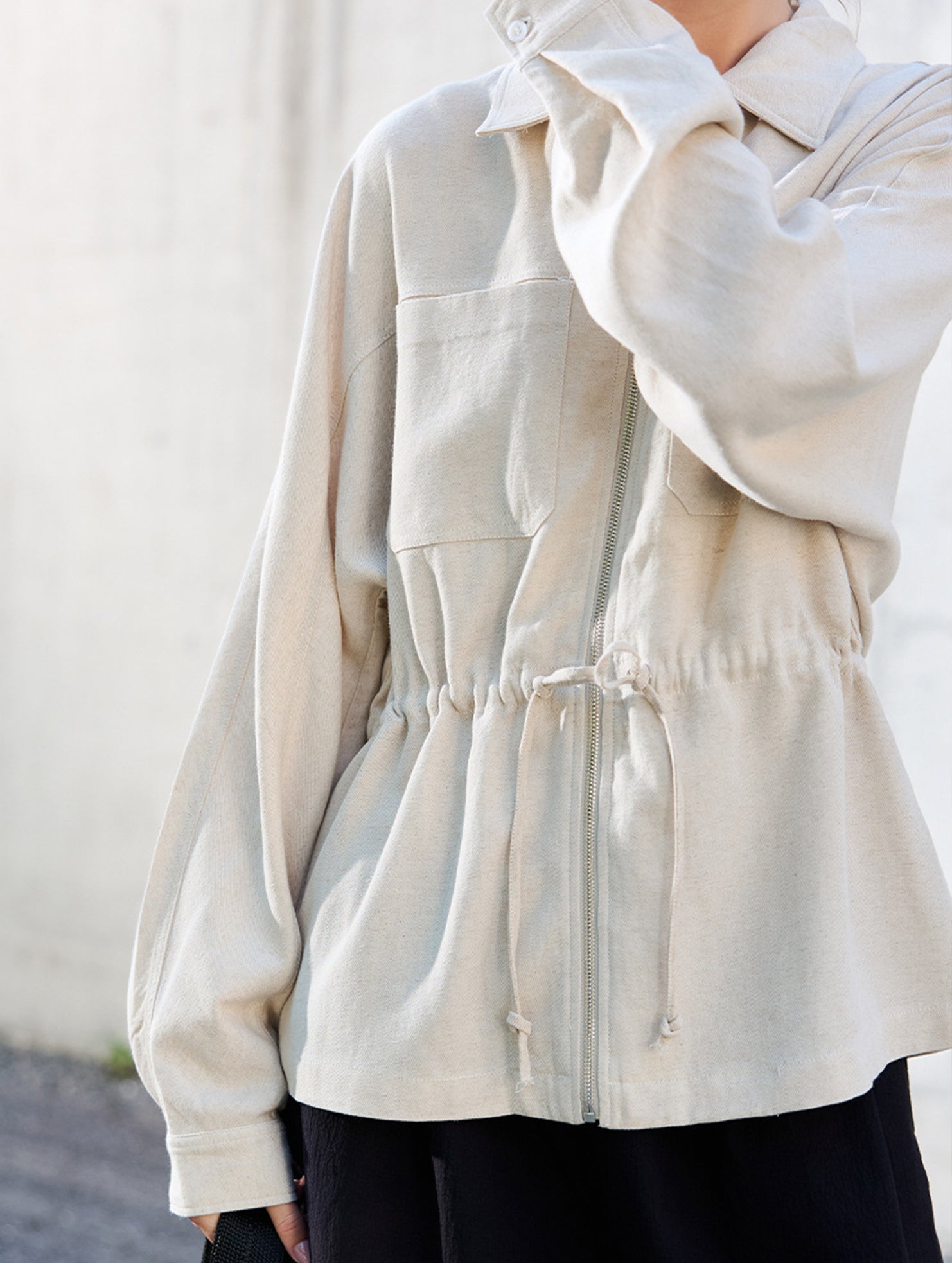 Tencel Linen Waist Drawstring Utility Jacket_CWTBLL02355