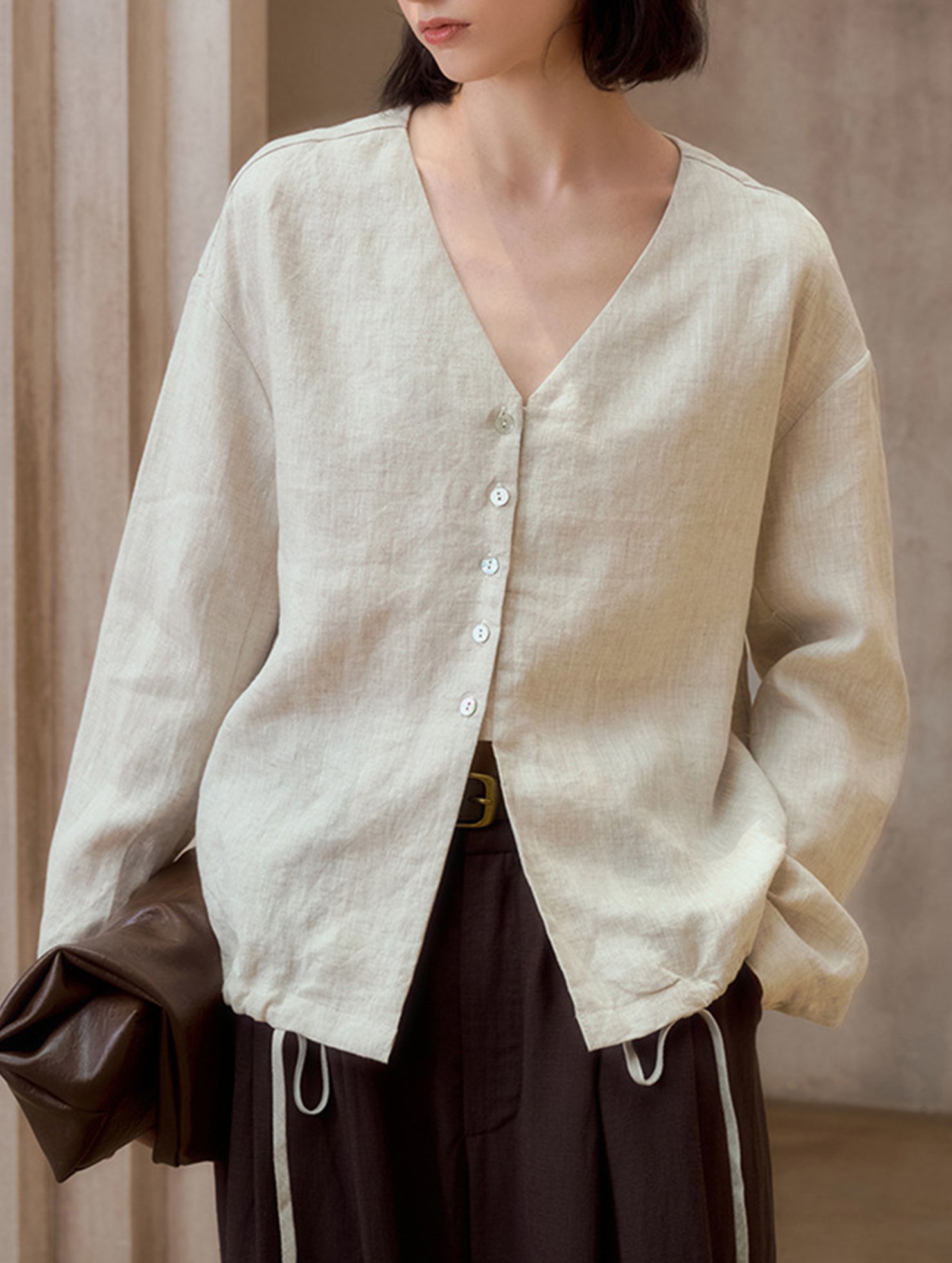 Pure Linen V Neck Relaxed Fit Shirt_CWTBLL02356