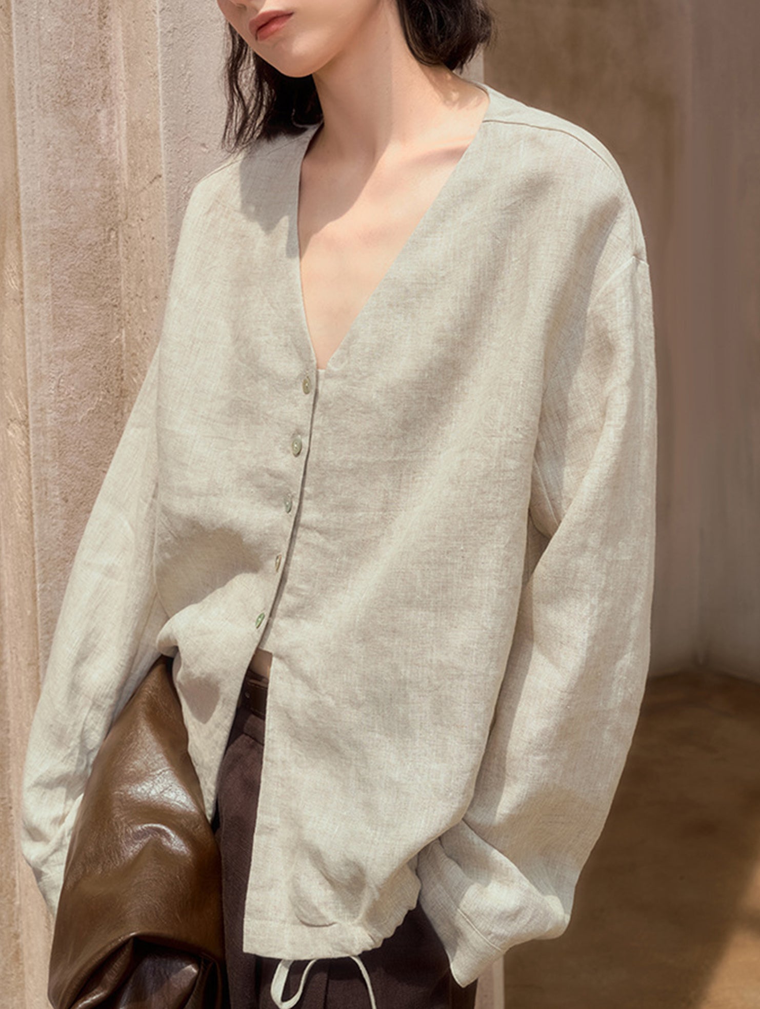 Pure Linen V Neck Relaxed Fit Shirt_CWTBLL02356