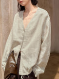 Pure Linen V Neck Relaxed Fit Shirt_CWTBLL02356