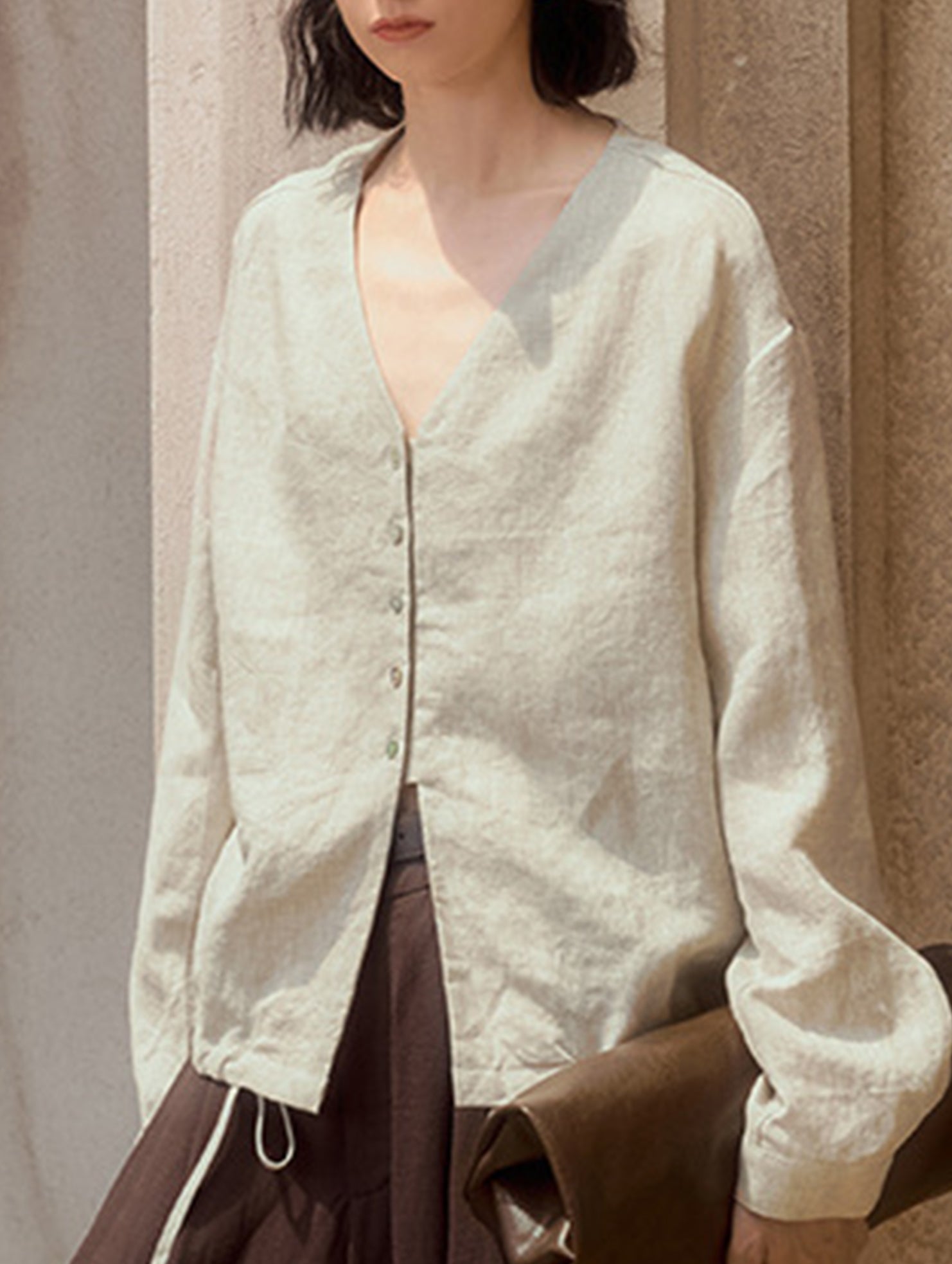 Pure Linen V Neck Relaxed Fit Shirt_CWTBLL02356