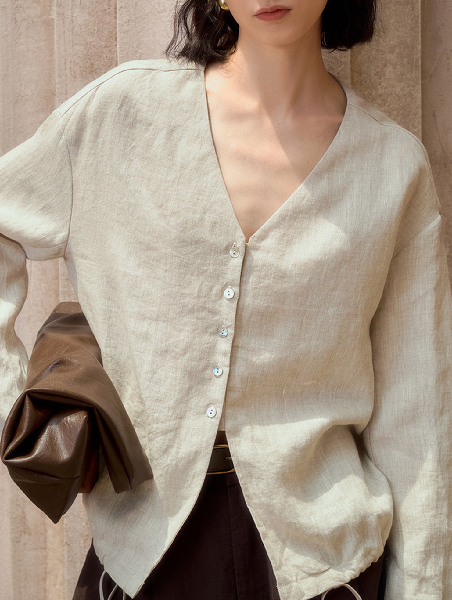 Pure Linen V Neck Relaxed Fit Shirt_CWTBLL02356