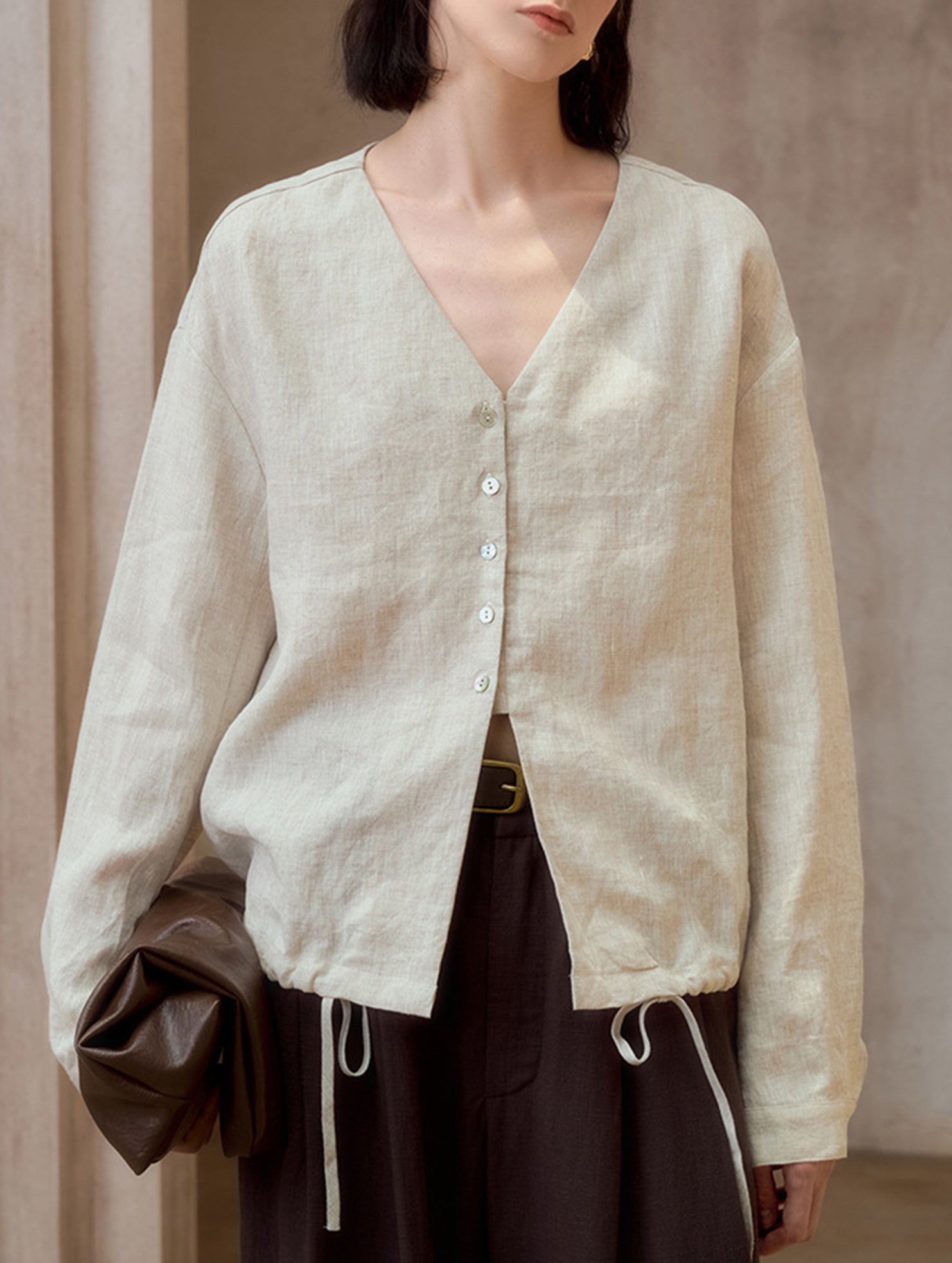 Pure Linen V Neck Relaxed Fit Shirt_CWTBLL02356