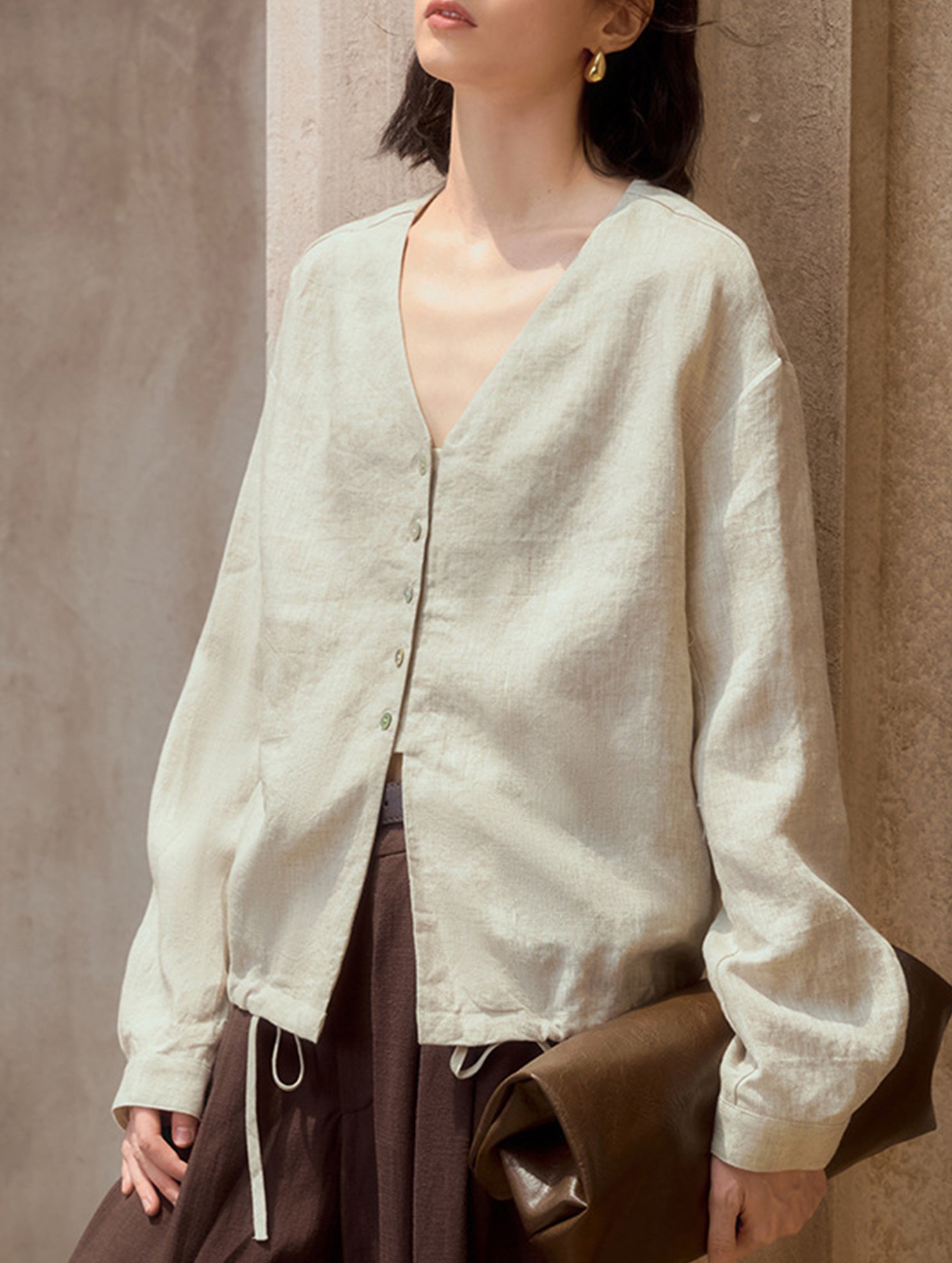 Pure Linen V Neck Relaxed Fit Shirt_CWTBLL02356
