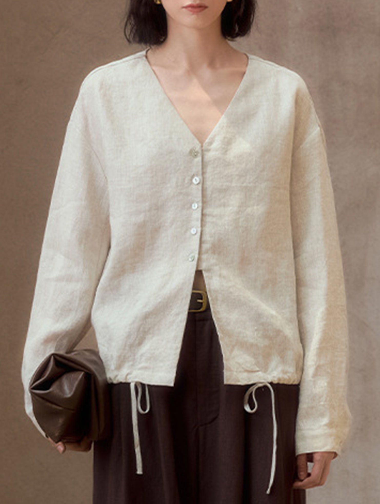 Pure Linen V Neck Relaxed Fit Shirt_CWTBLL02356