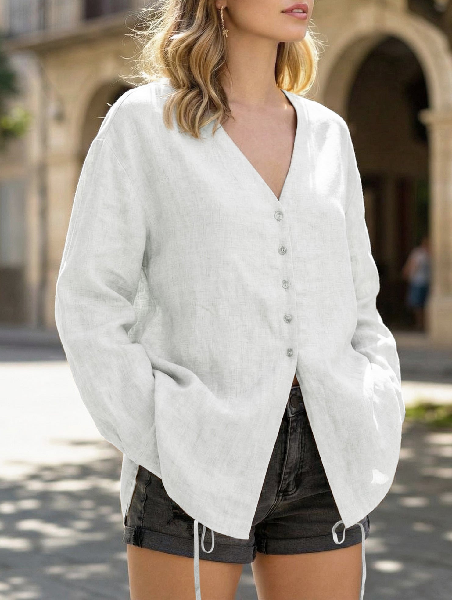 Pure Linen V Neck Relaxed Fit Shirt_CWTBLL02356