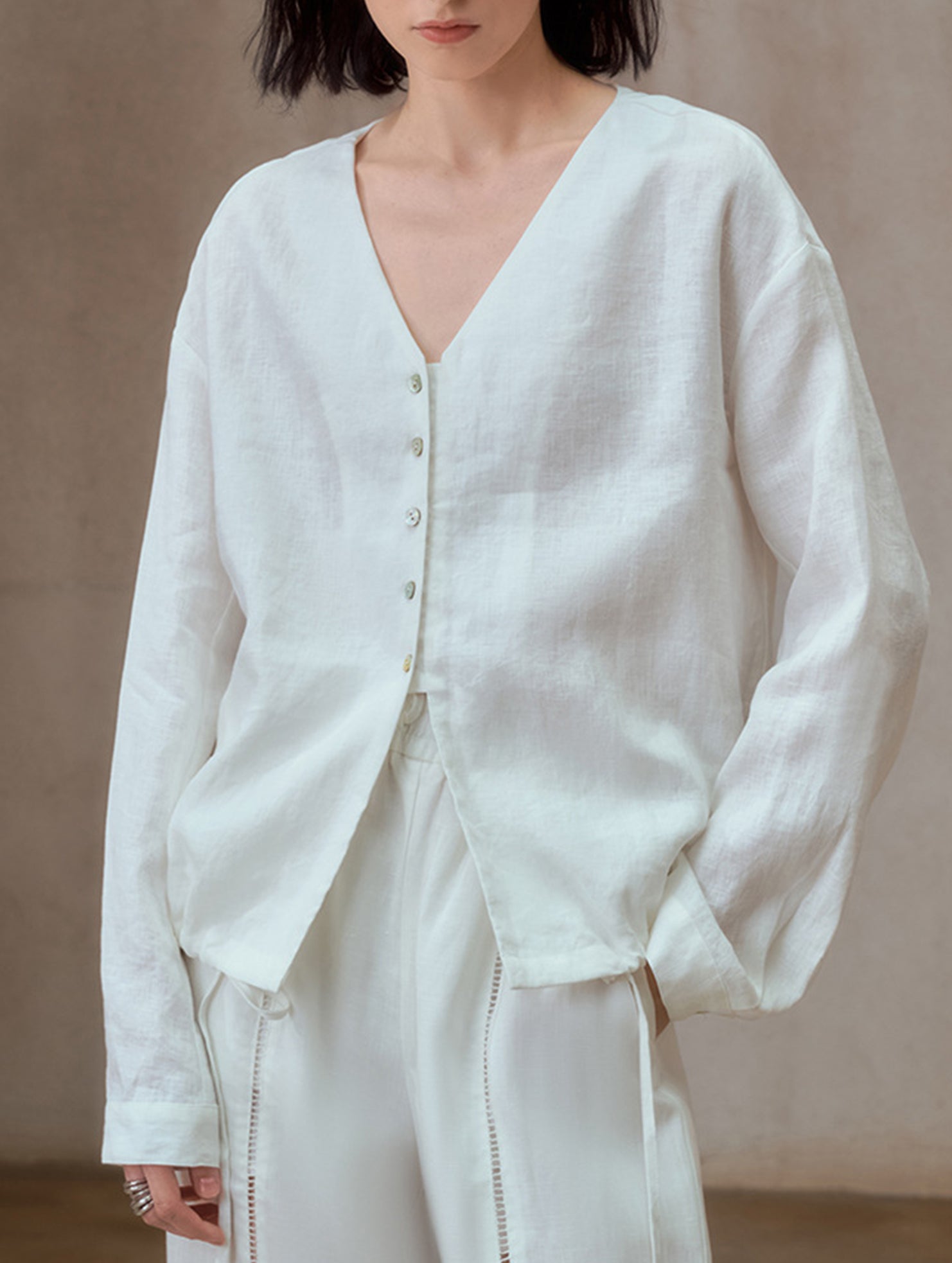 Pure Linen V Neck Relaxed Fit Shirt_CWTBLL02356