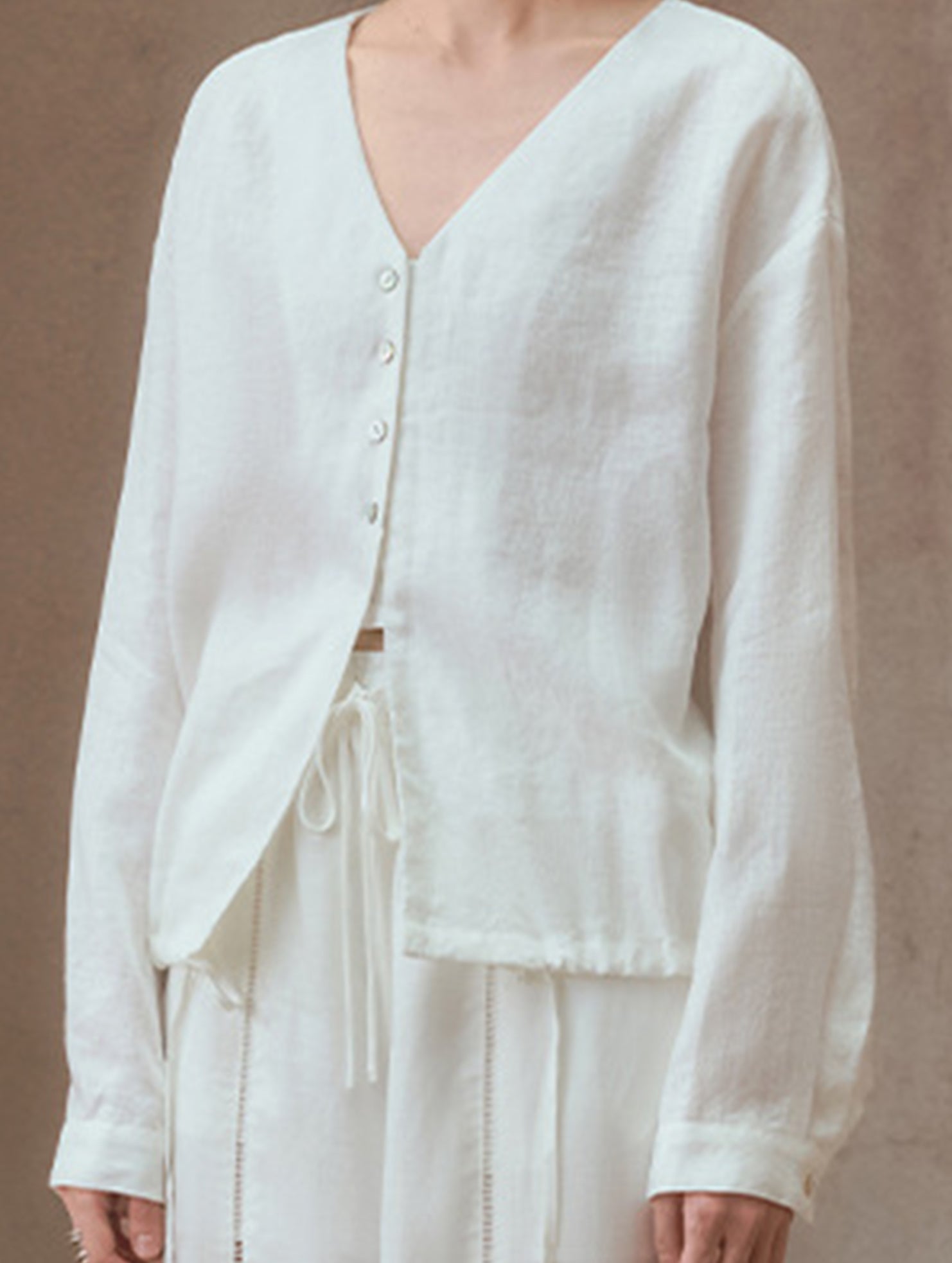 Pure Linen V Neck Relaxed Fit Shirt_CWTBLL02356