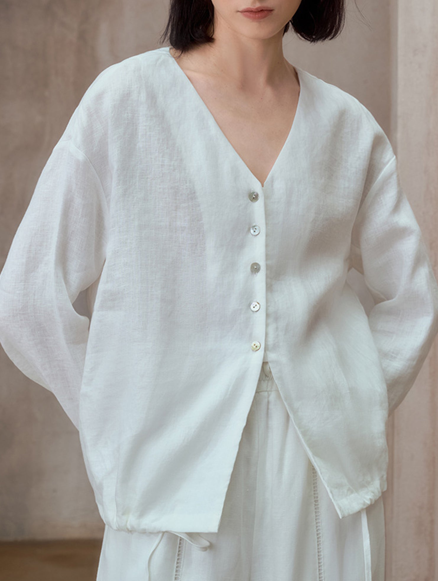 Pure Linen V Neck Relaxed Fit Shirt_CWTBLL02356