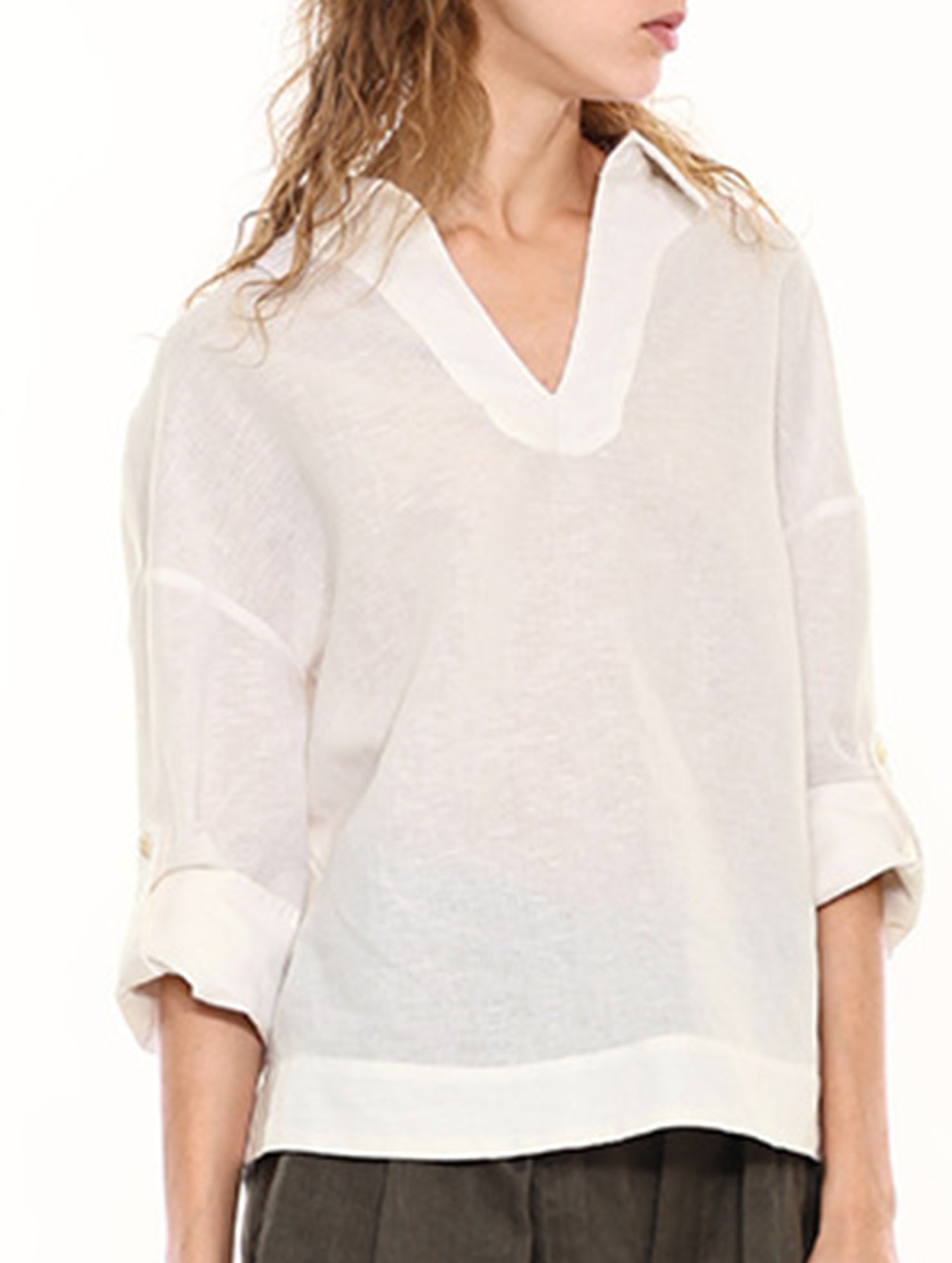 White Linen V Neck Long Sleeve Shirt_CWTBLL02357
