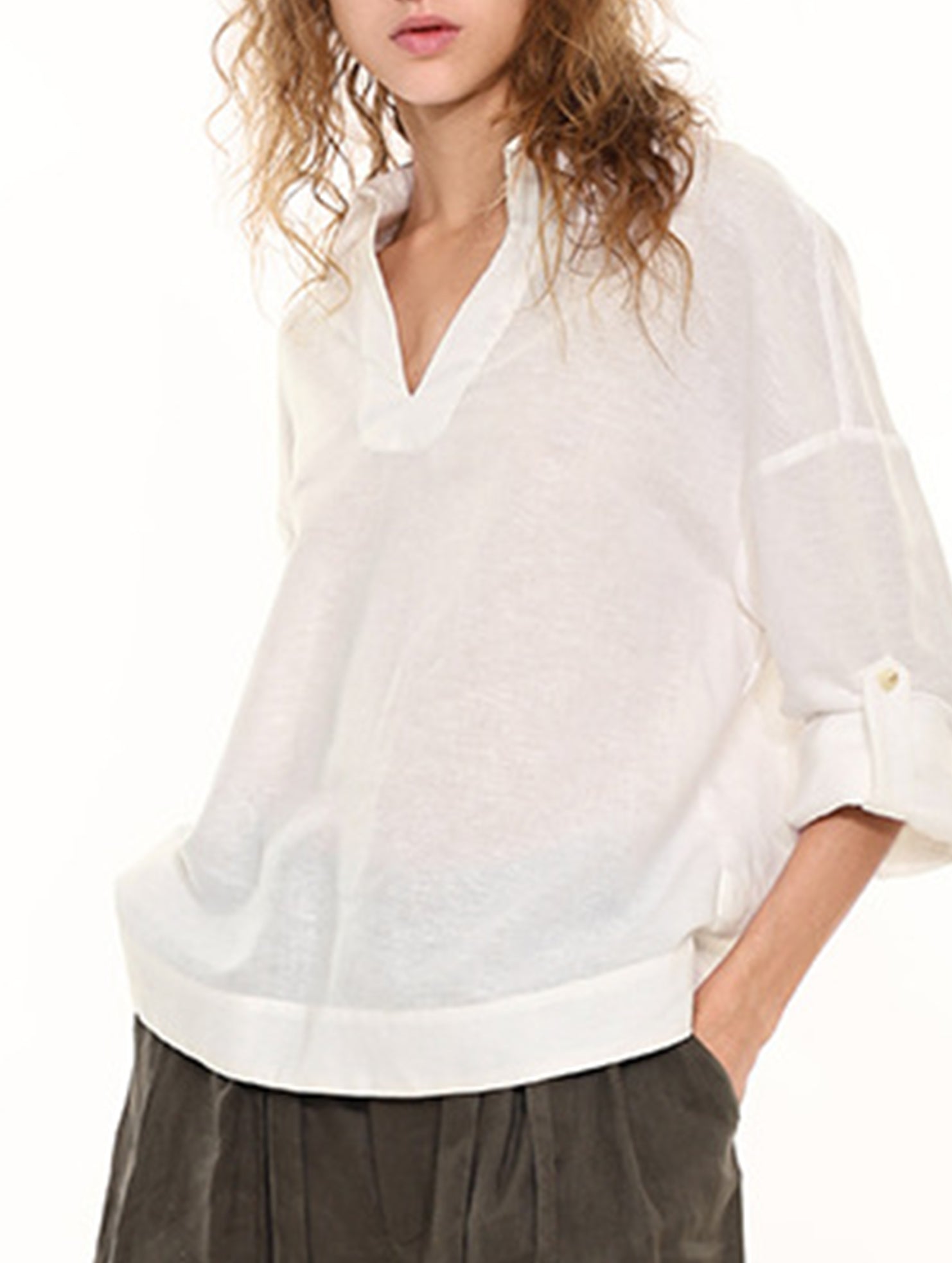 White Linen V Neck Long Sleeve Shirt_CWTBLL02357