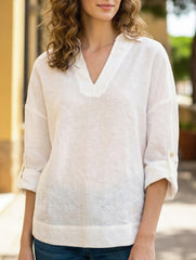 White Linen V Neck Long Sleeve Shirt_CWTBLL02357