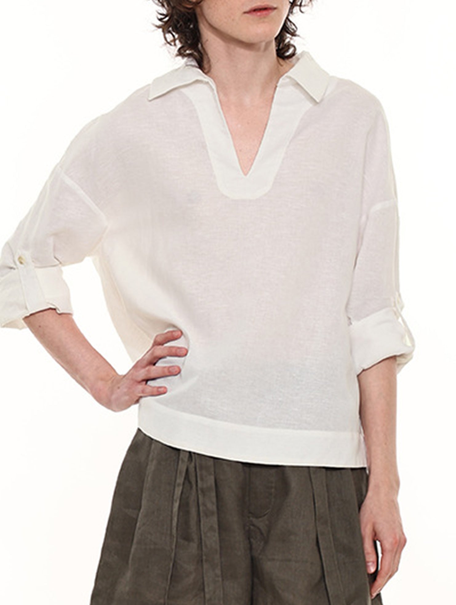 White Linen V Neck Long Sleeve Shirt_CWTBLL02357