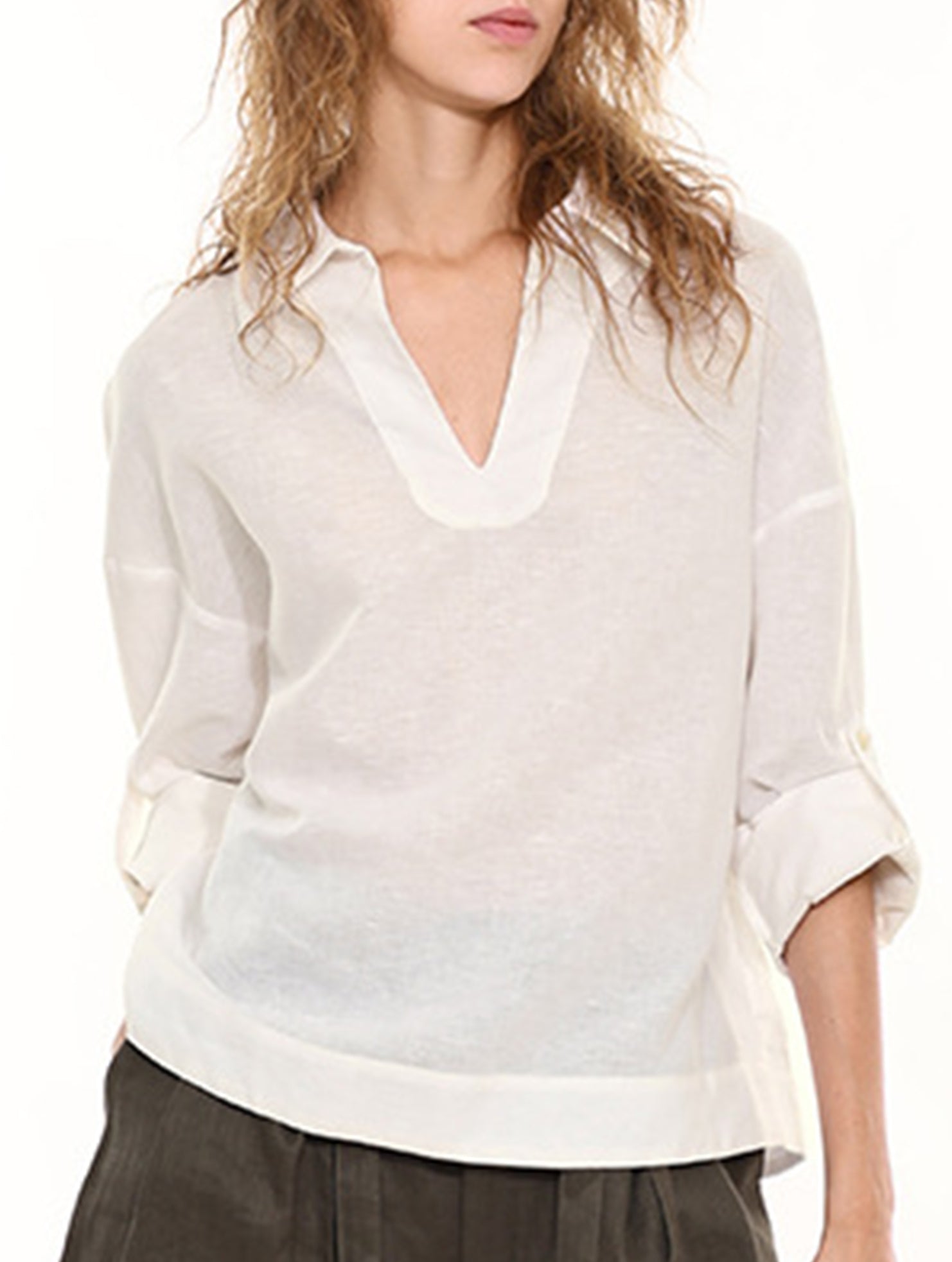 White Linen V Neck Long Sleeve Shirt_CWTBLL02357