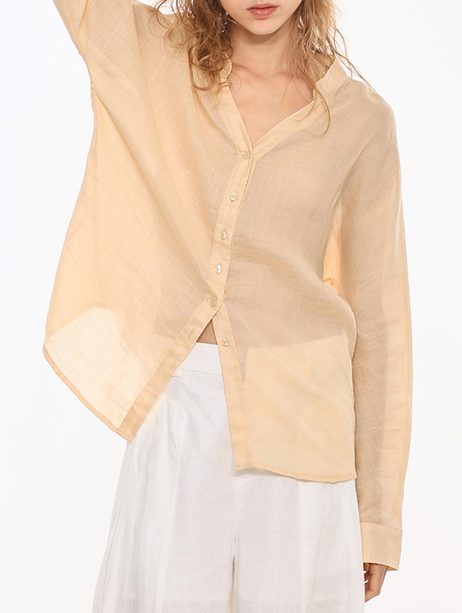 100% Ramie V Neck Lightweight Shirt_CWTBLL02358