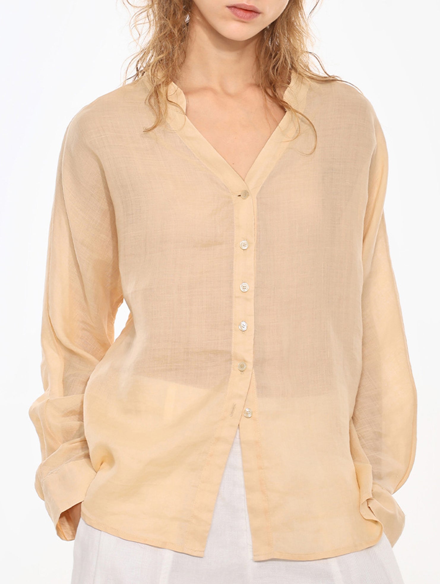 100% Ramie V Neck Lightweight Shirt_CWTBLL02358