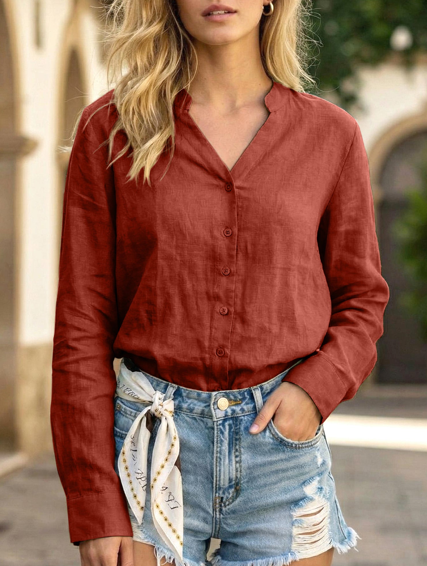 100% Ramie V Neck Lightweight Shirt_CWTBLL02358