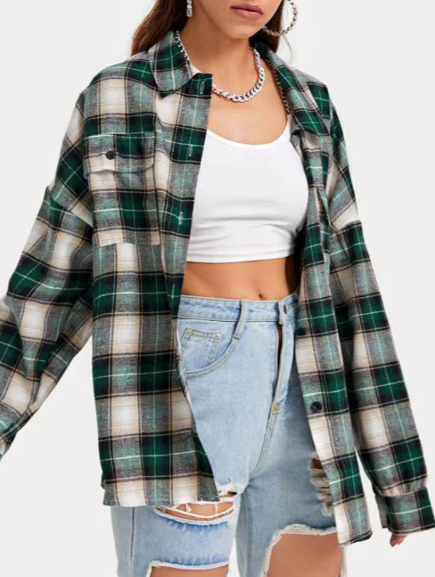 Plaid Loose Fit Long Sleeve Shirt Jacket_CWTBLL02362