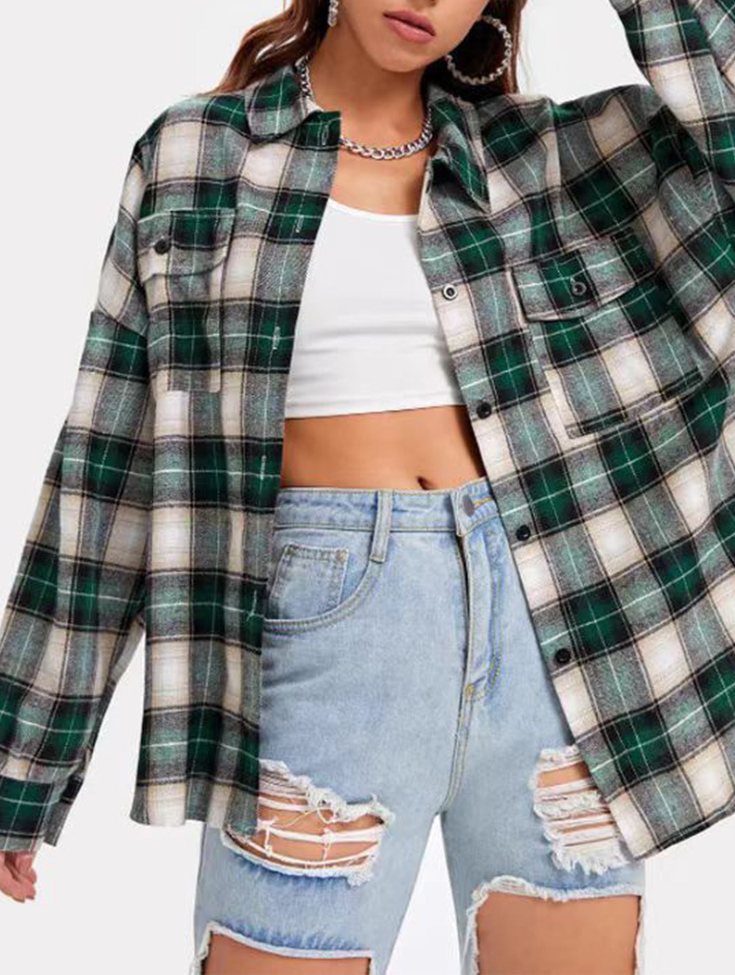 Plaid Loose Fit Long Sleeve Shirt Jacket_CWTBLL02362