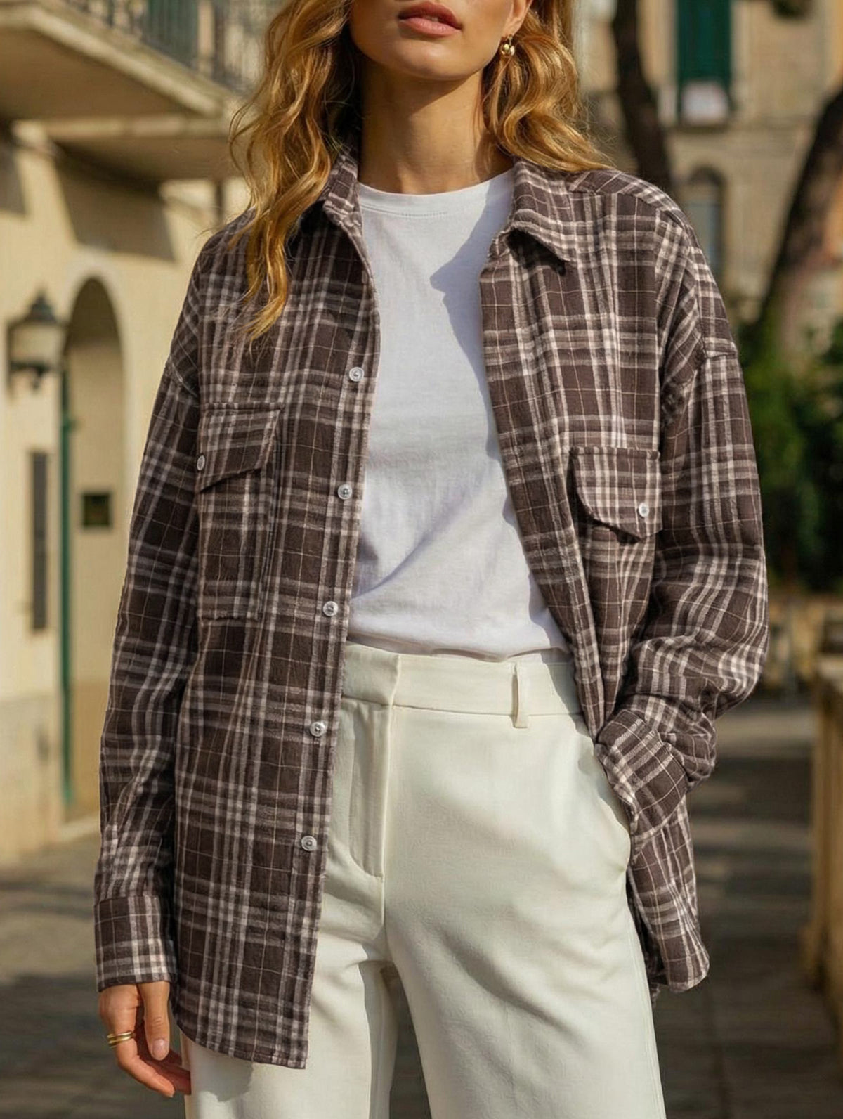 Vintage Double Pocket Plaid Midi Shirt_CWTBLL02363