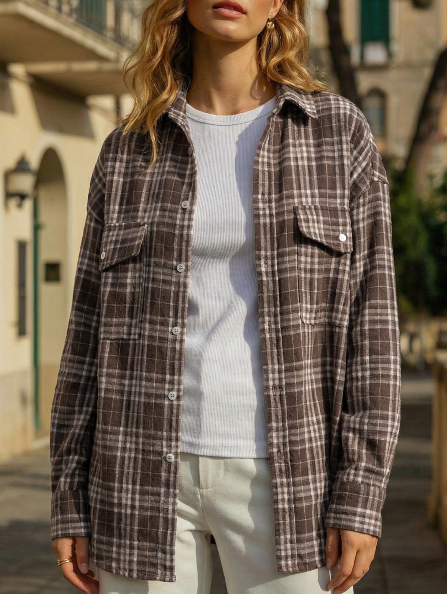 Vintage Double Pocket Plaid Midi Shirt_CWTBLL02363
