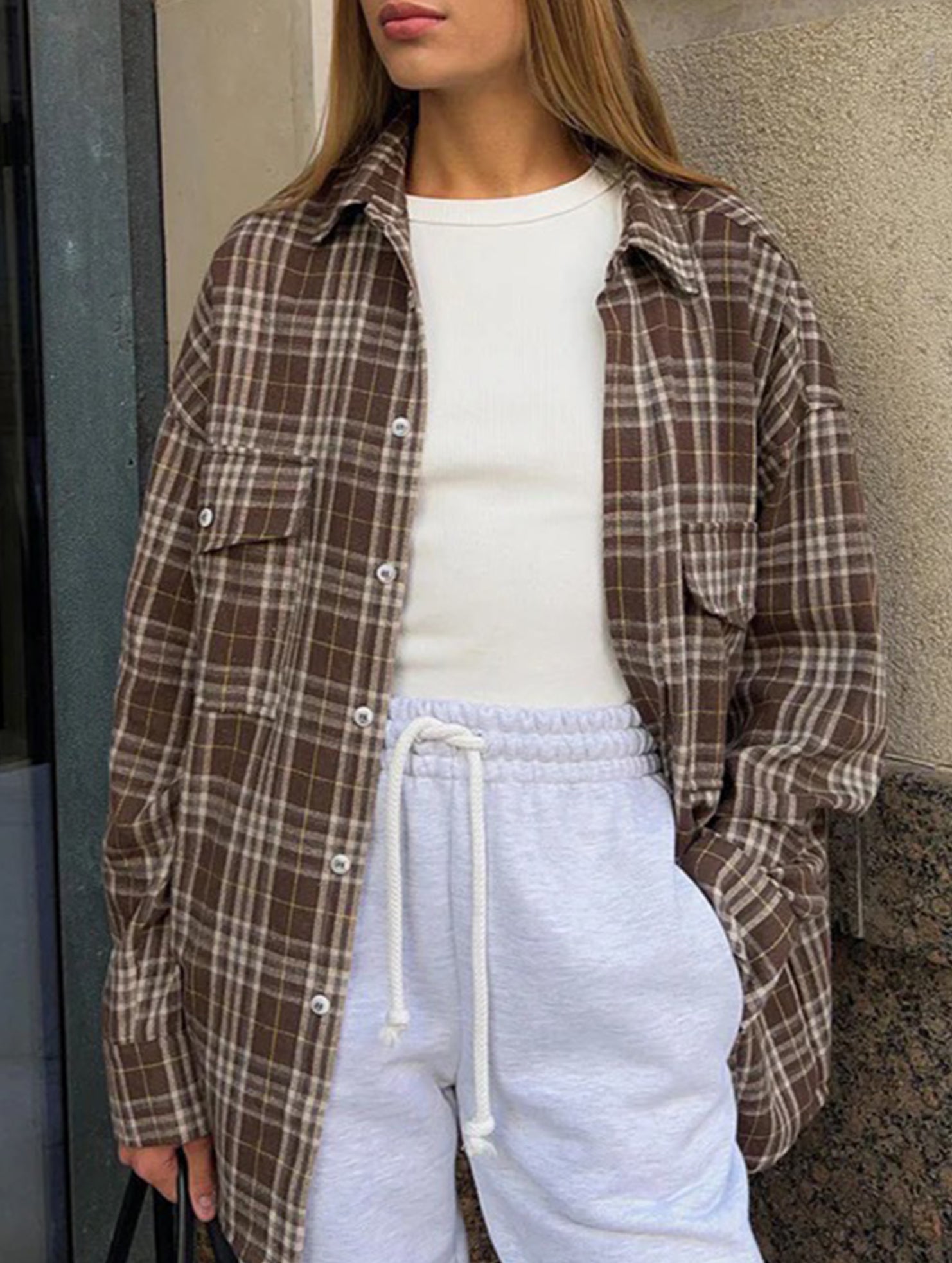 Vintage Double Pocket Plaid Midi Shirt_CWTBLL02363