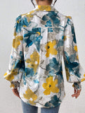 Print Turn Down Collar Puff Sleeve Shirt