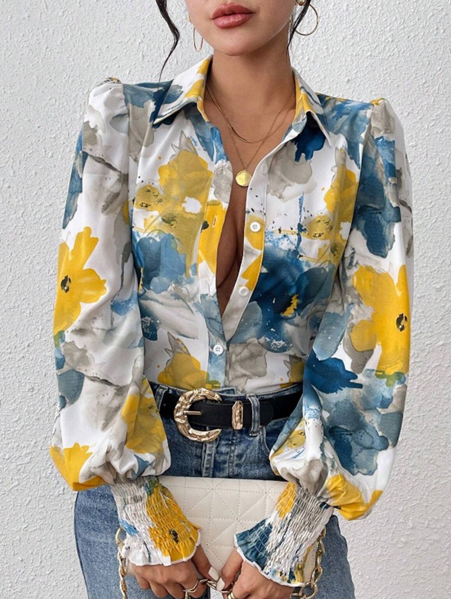 Print Turn Down Collar Puff Sleeve Shirt