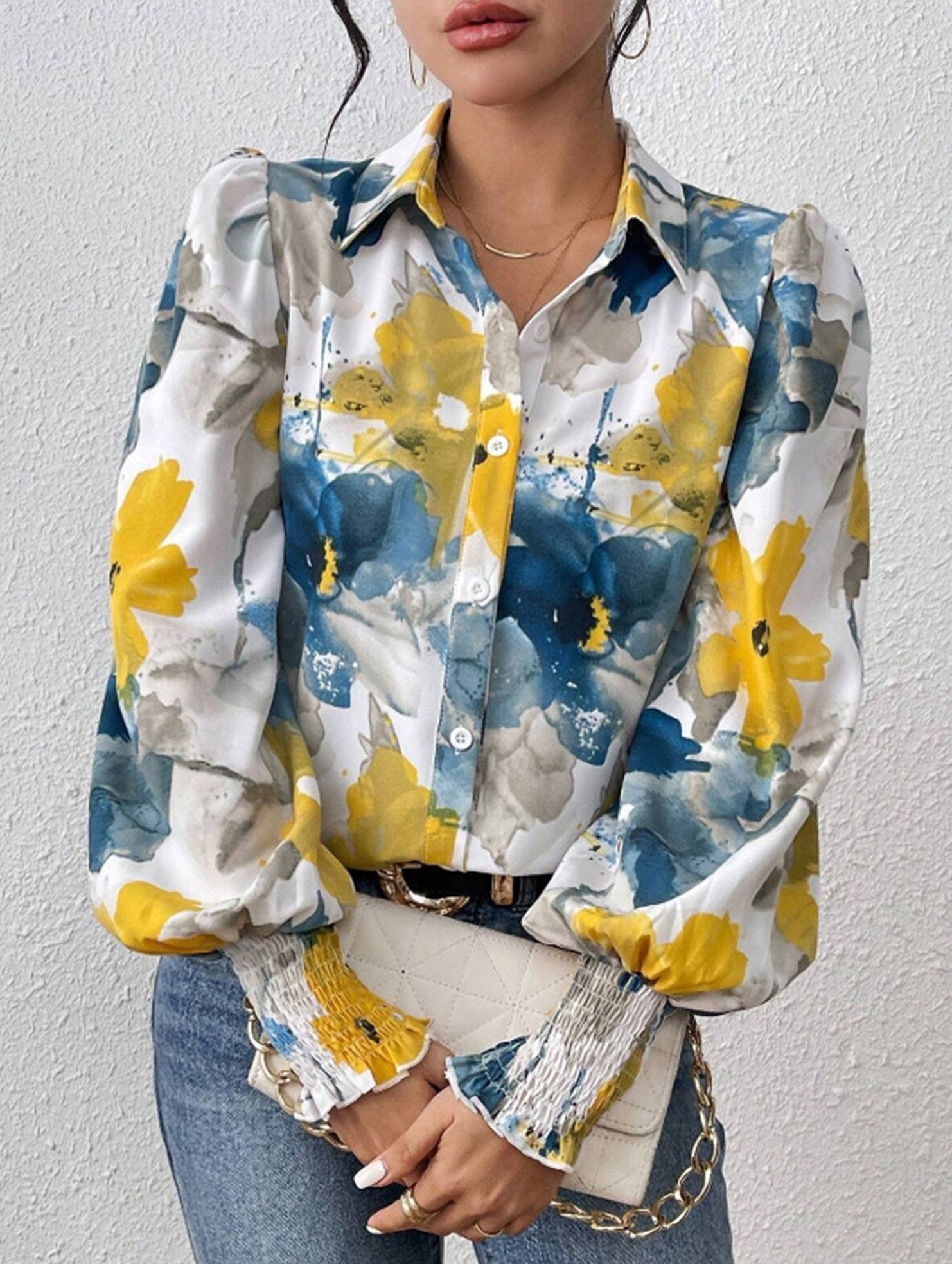Print Turn Down Collar Puff Sleeve Shirt