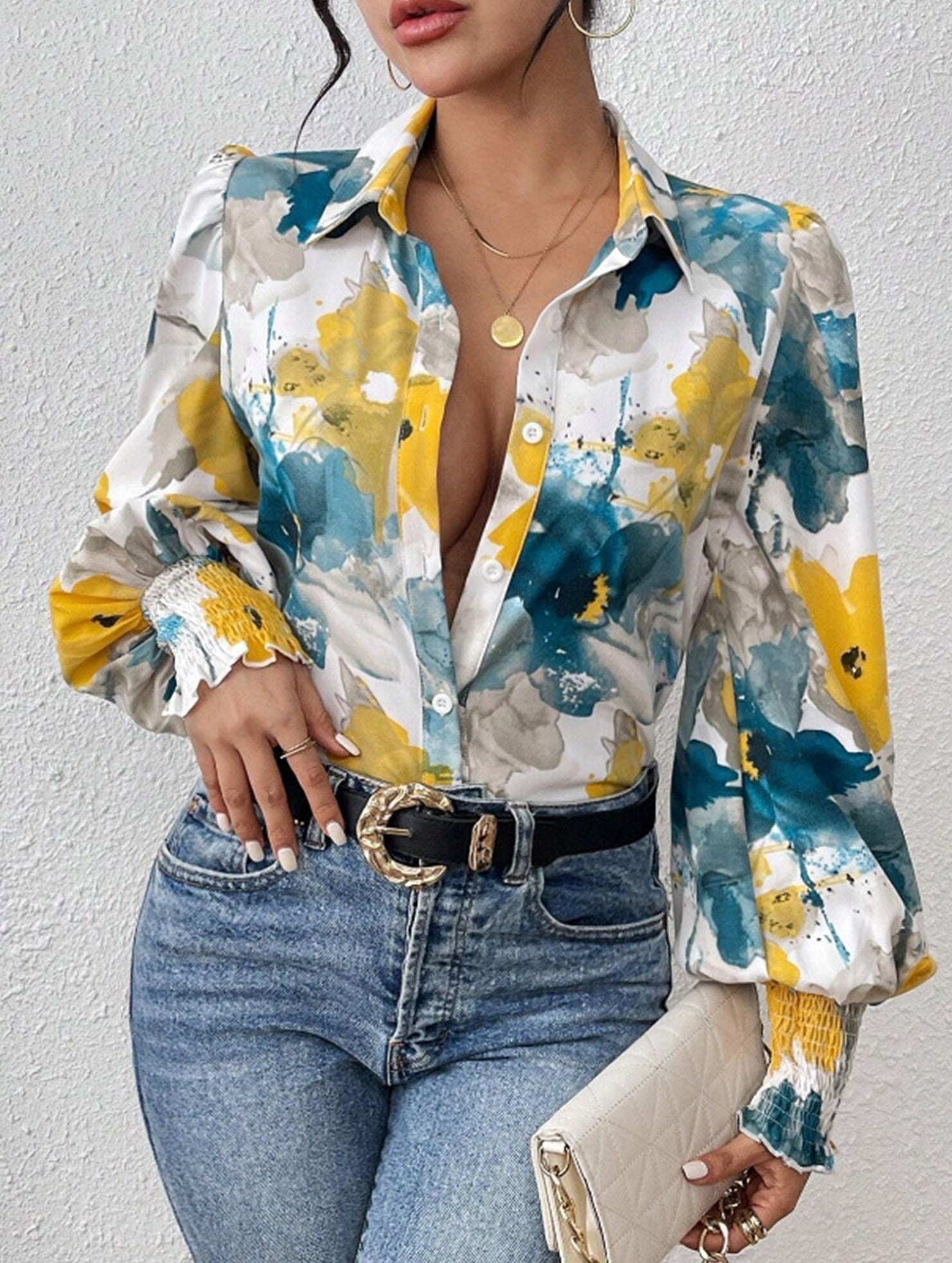 Print Turn Down Collar Puff Sleeve Shirt