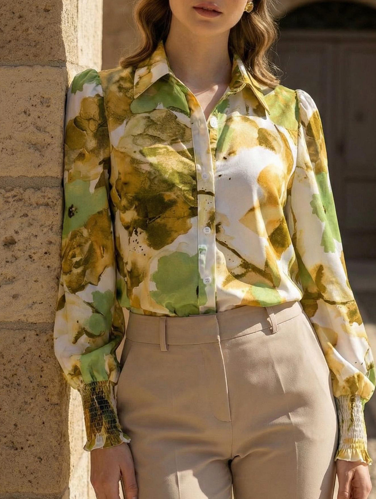 Print Turn Down Collar Puff Sleeve Shirt