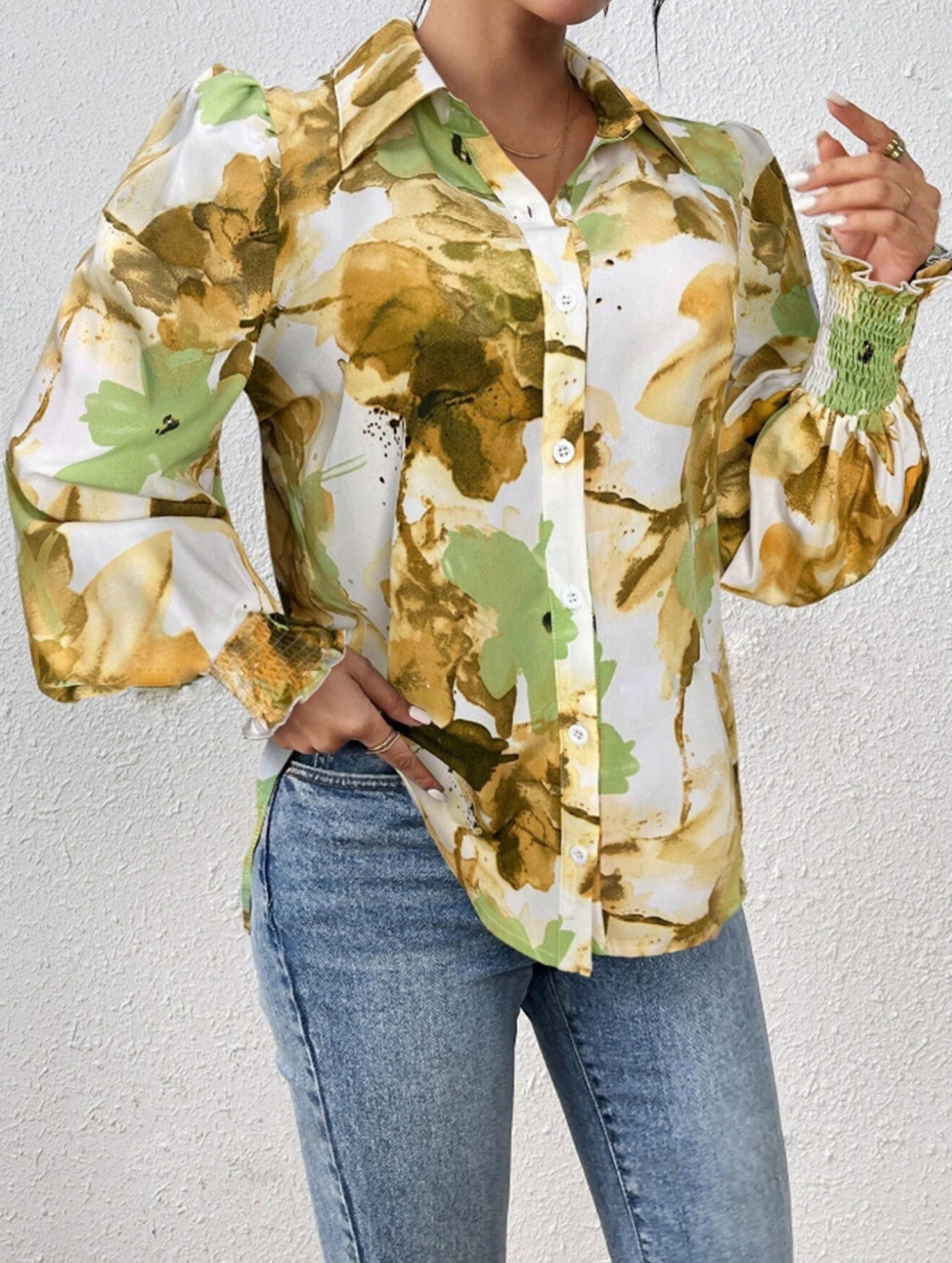 Print Turn Down Collar Puff Sleeve Shirt