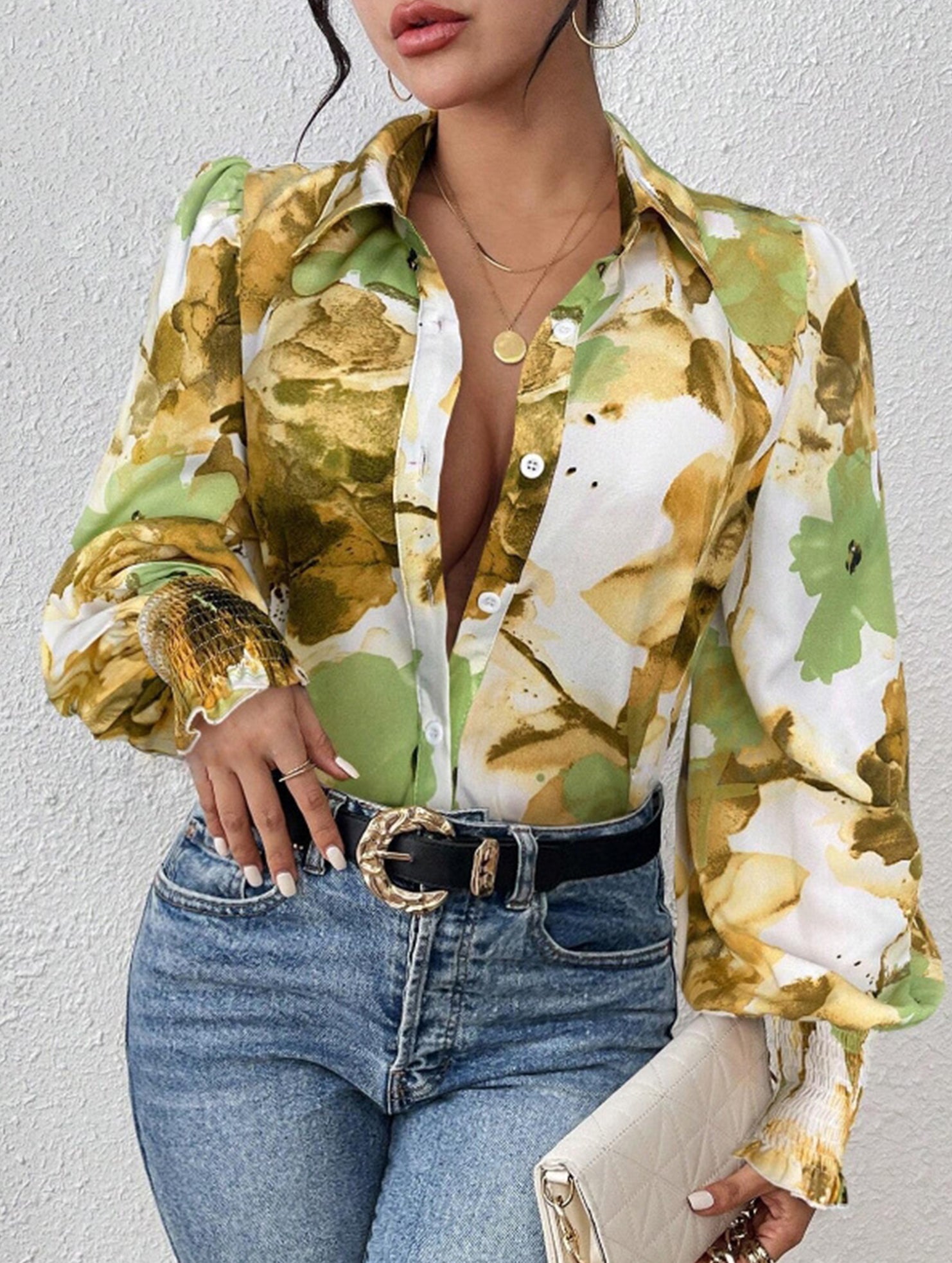 Print Turn Down Collar Puff Sleeve Shirt