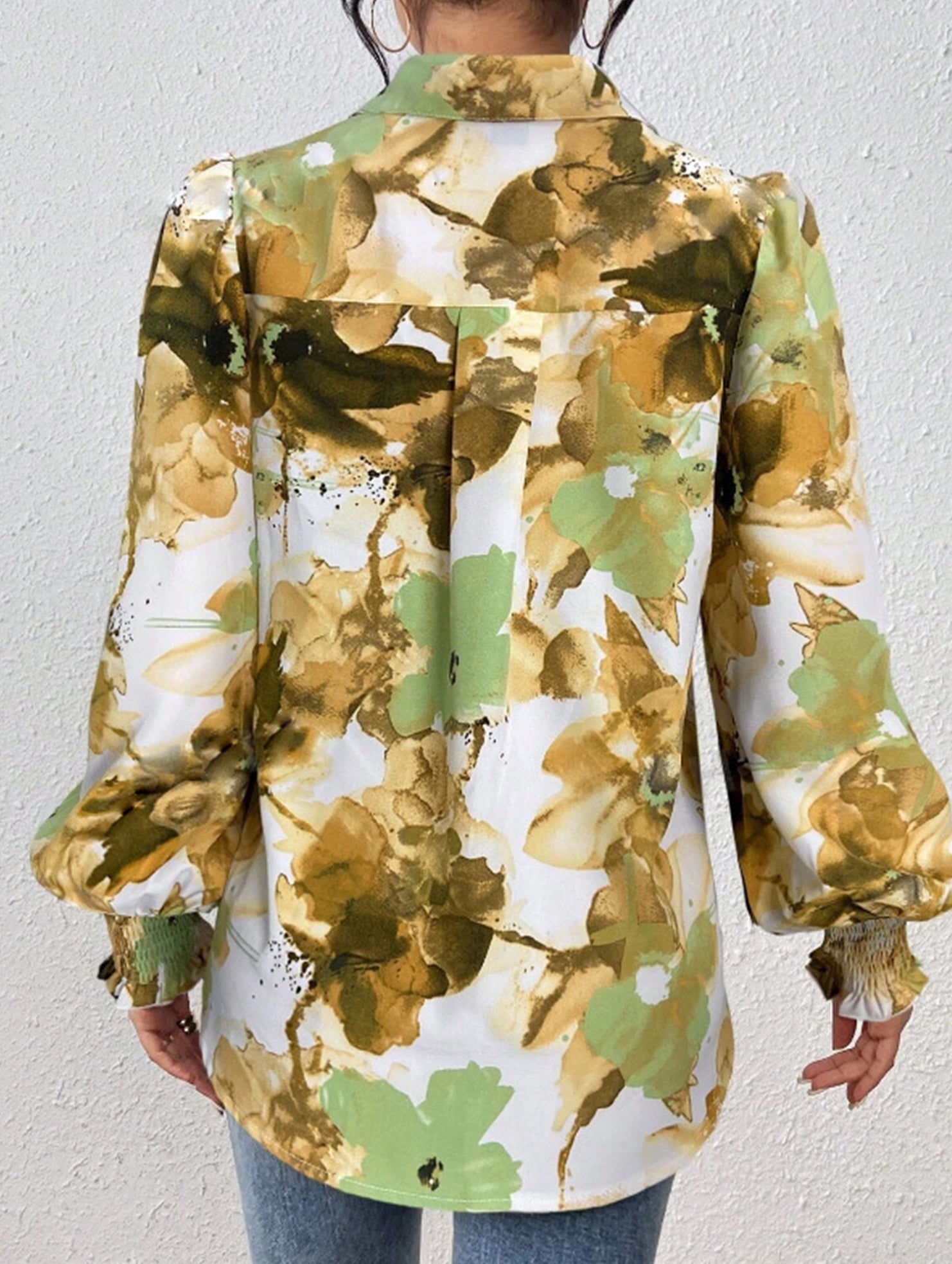 Print Turn Down Collar Puff Sleeve Shirt