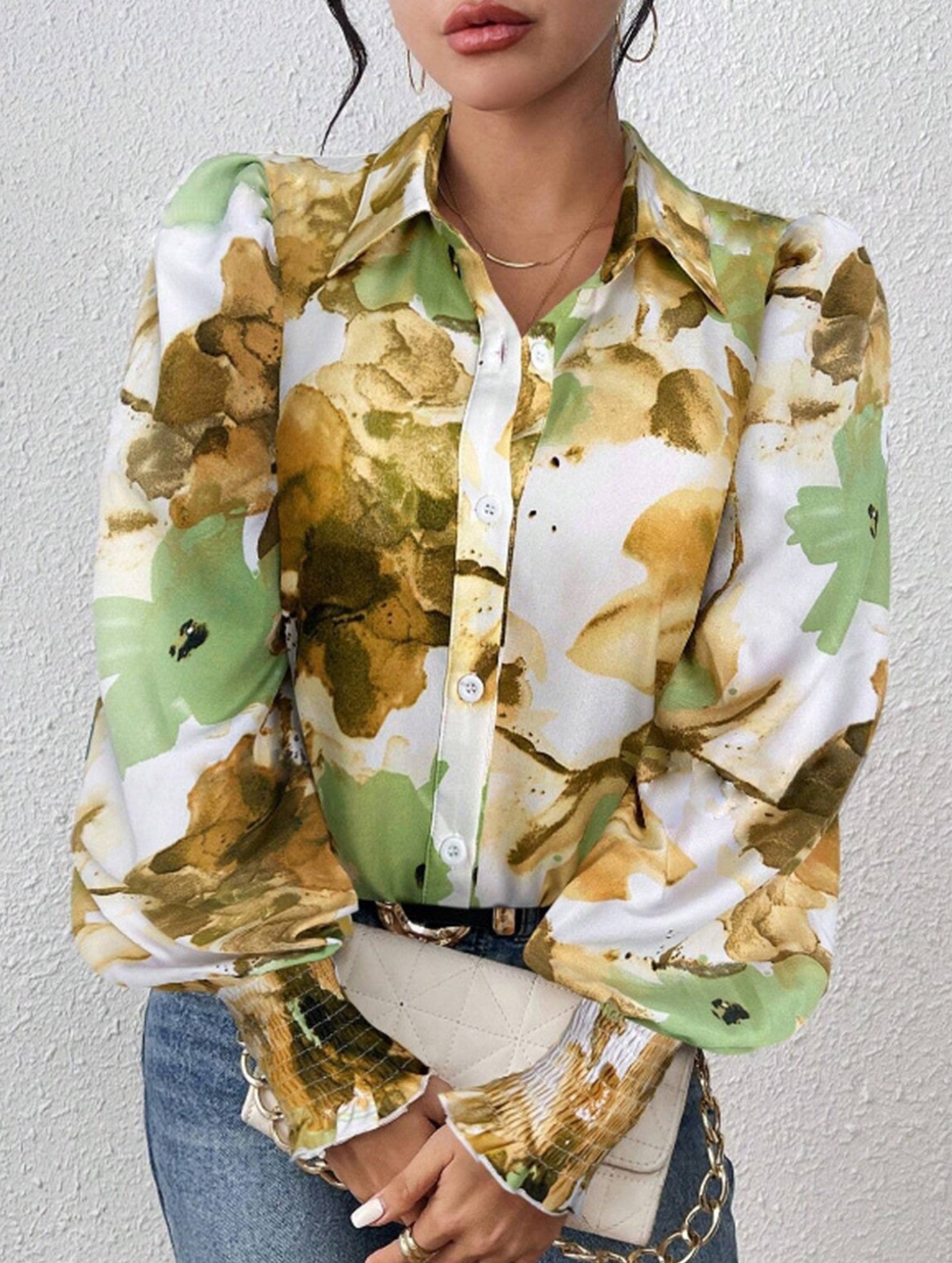 Print Turn Down Collar Puff Sleeve Shirt