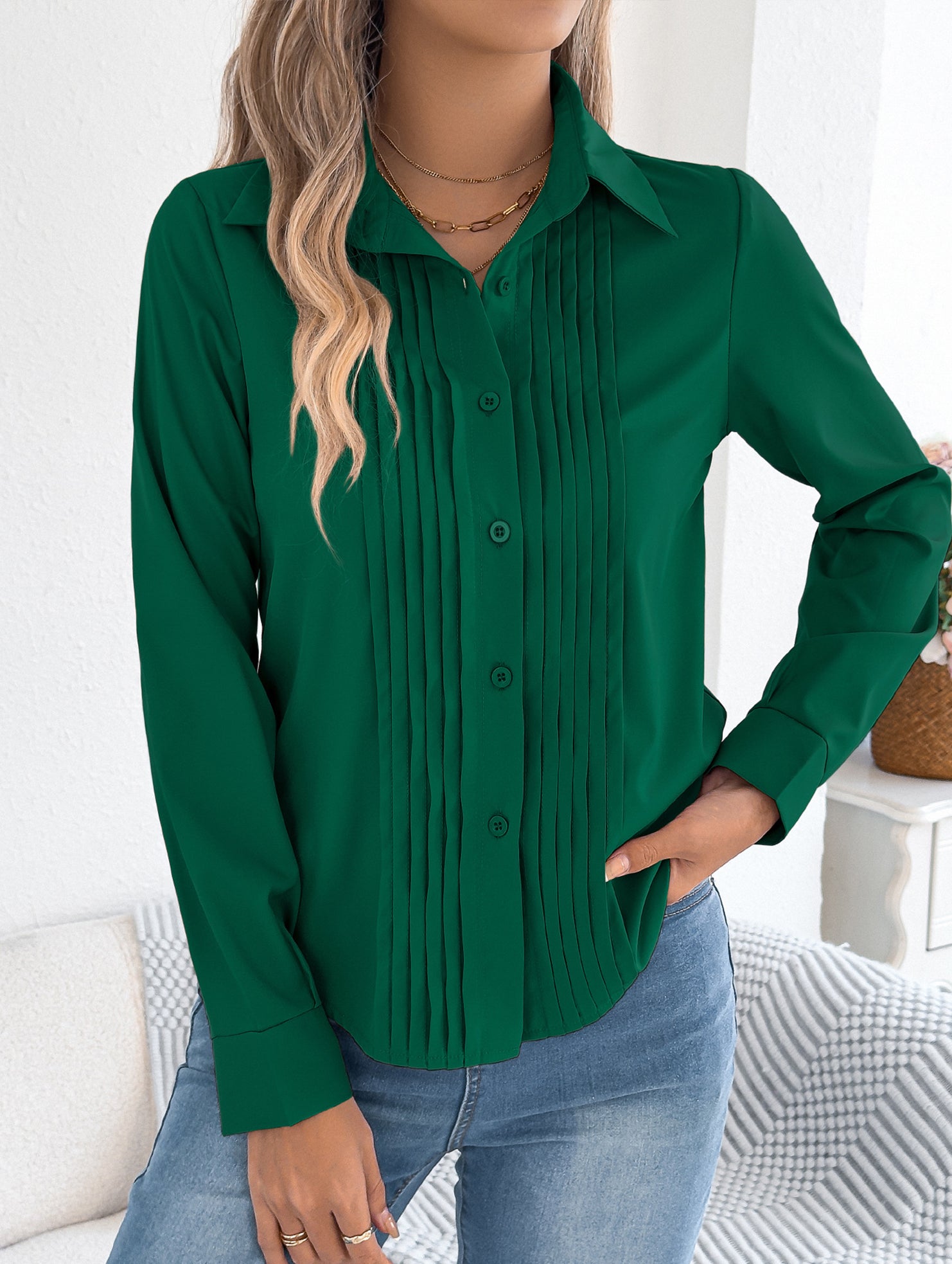 Solid Pleated Button Long Sleeve Blouse_CWTBLL02379