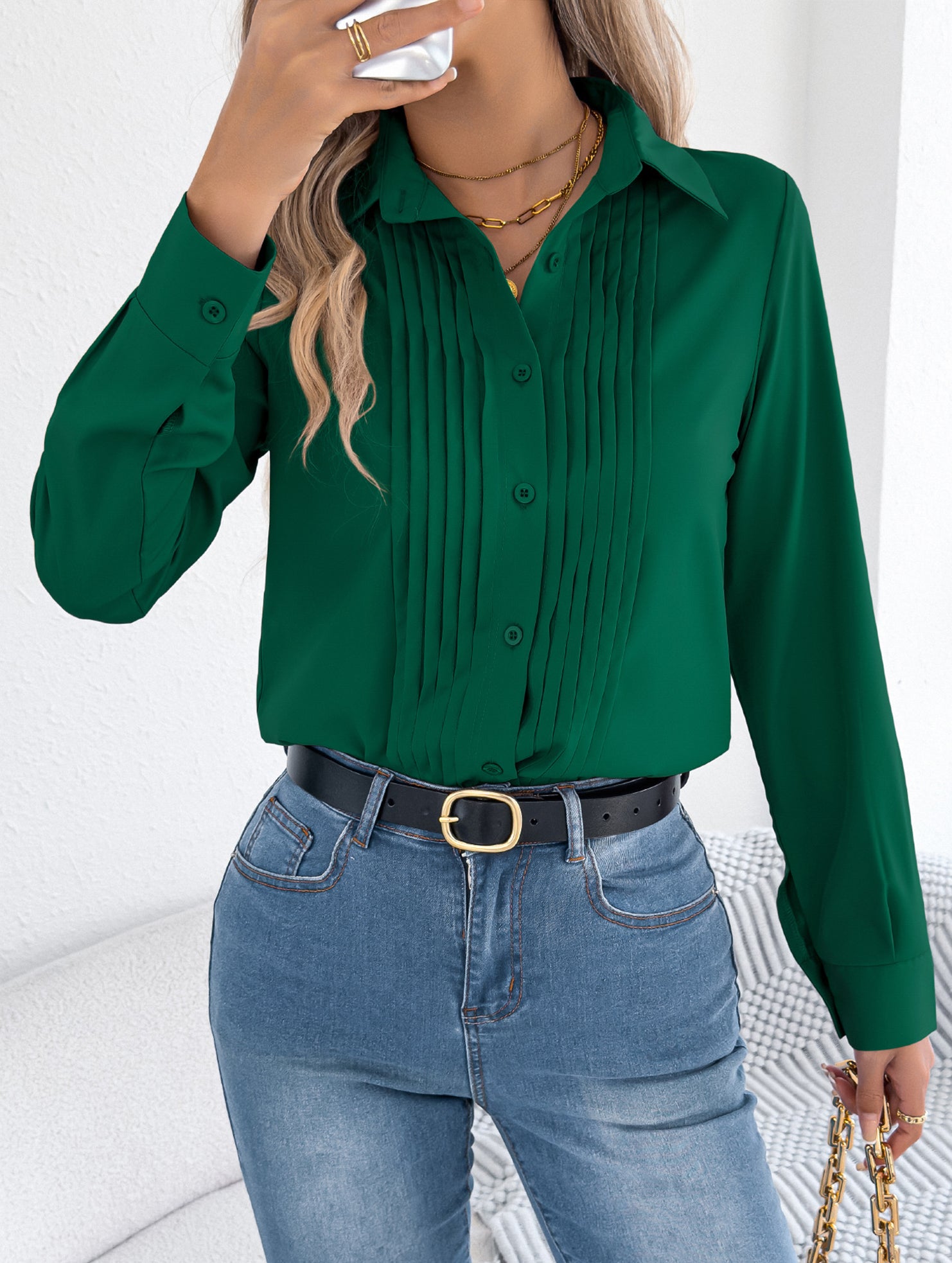 Solid Pleated Button Long Sleeve Blouse_CWTBLL02379