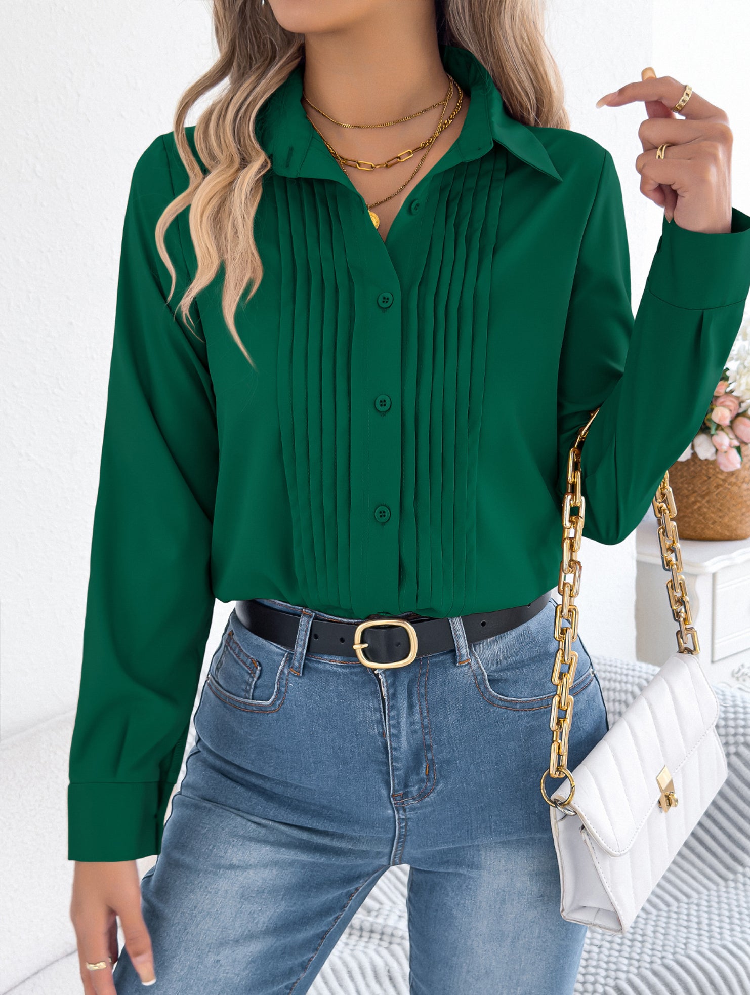 Solid Pleated Button Long Sleeve Blouse_CWTBLL02379