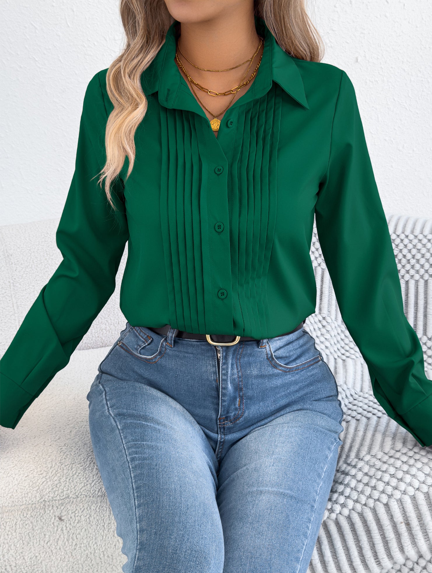 Solid Pleated Button Long Sleeve Blouse_CWTBLL02379
