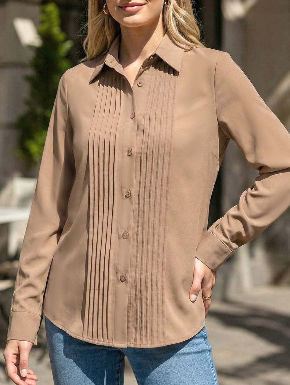 Solid Pleated Button Long Sleeve Blouse_CWTBLL02379
