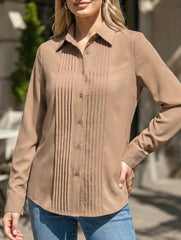 Solid Pleated Button Long Sleeve Blouse_CWTBLL02379