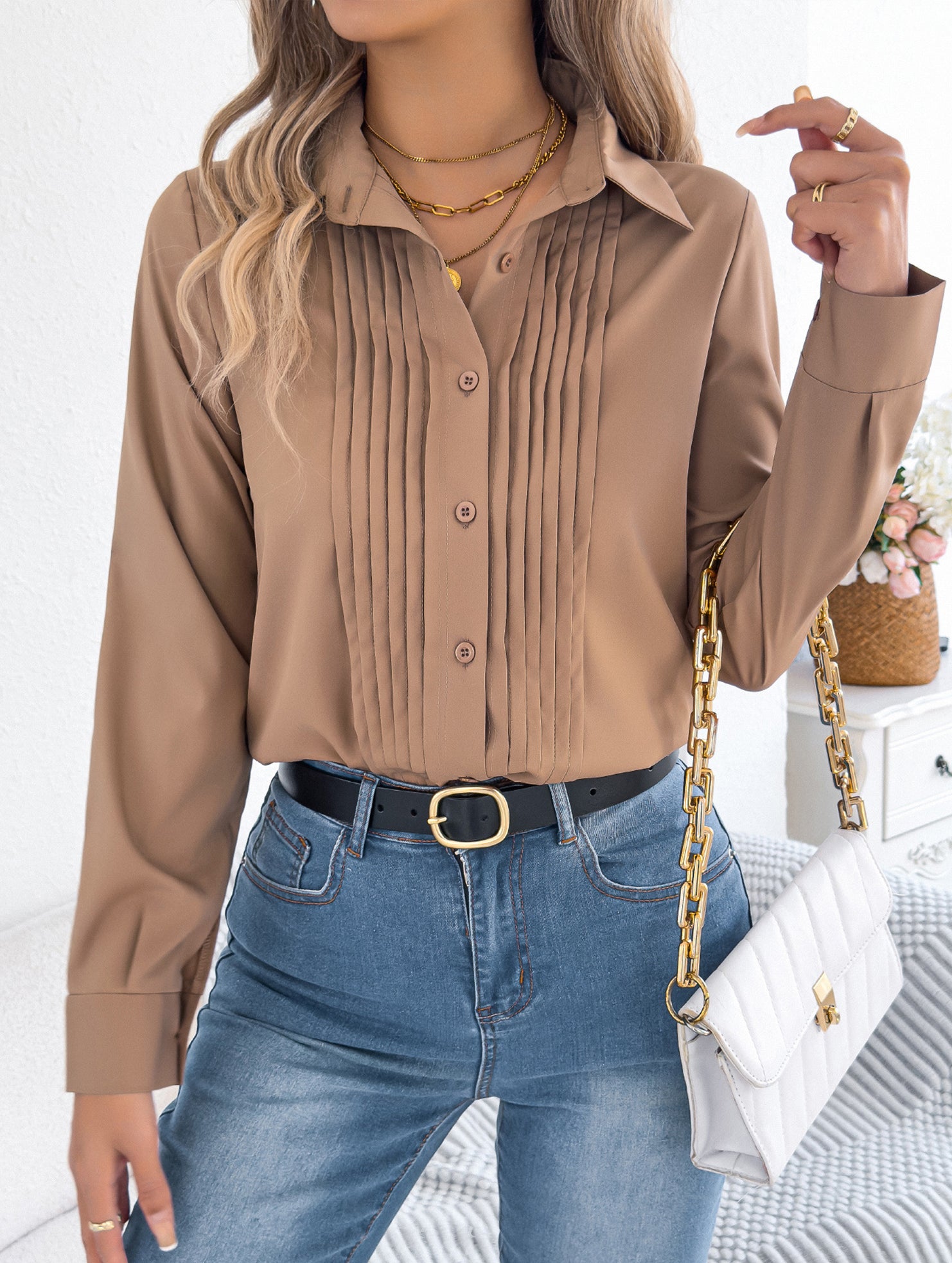 Solid Pleated Button Long Sleeve Blouse_CWTBLL02379