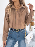 Solid Pleated Button Long Sleeve Blouse_CWTBLL02379