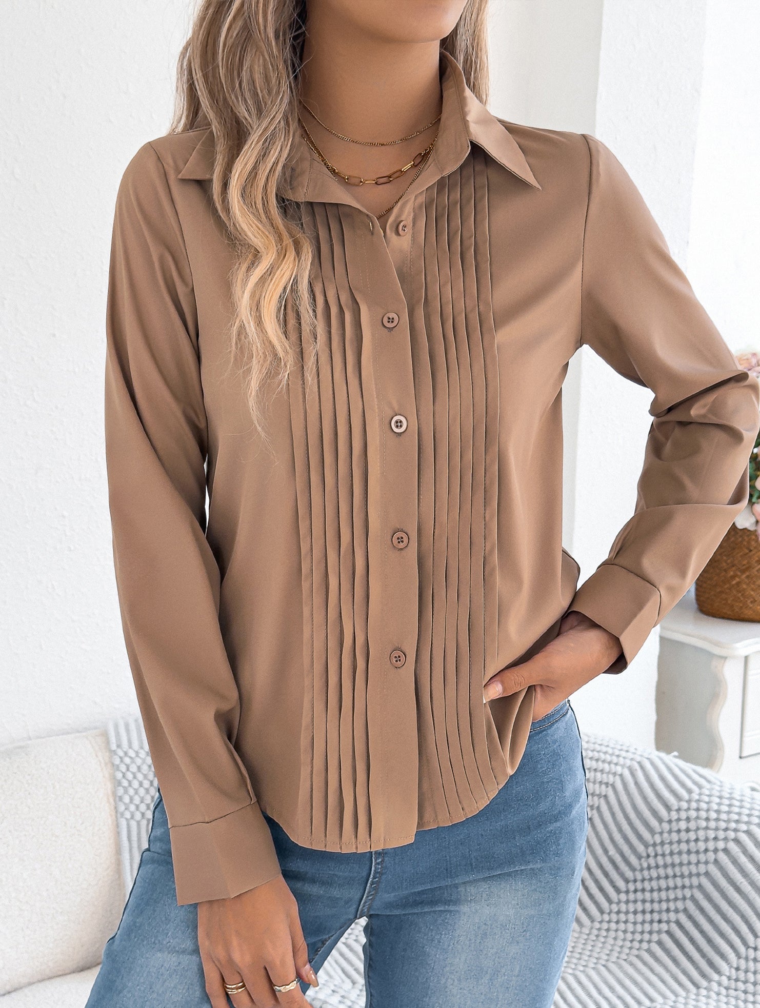 Solid Pleated Button Long Sleeve Blouse_CWTBLL02379