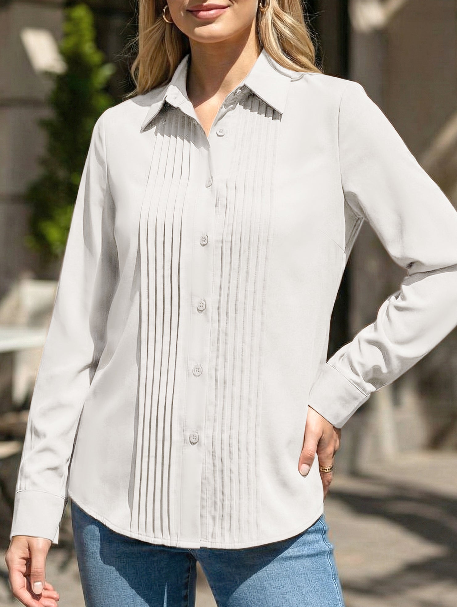 Solid Pleated Button Long Sleeve Blouse_CWTBLL02379